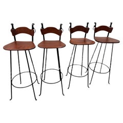 Set of Four Brutalist Wrought Iron & Wood Barstools vintage Germany 1970s