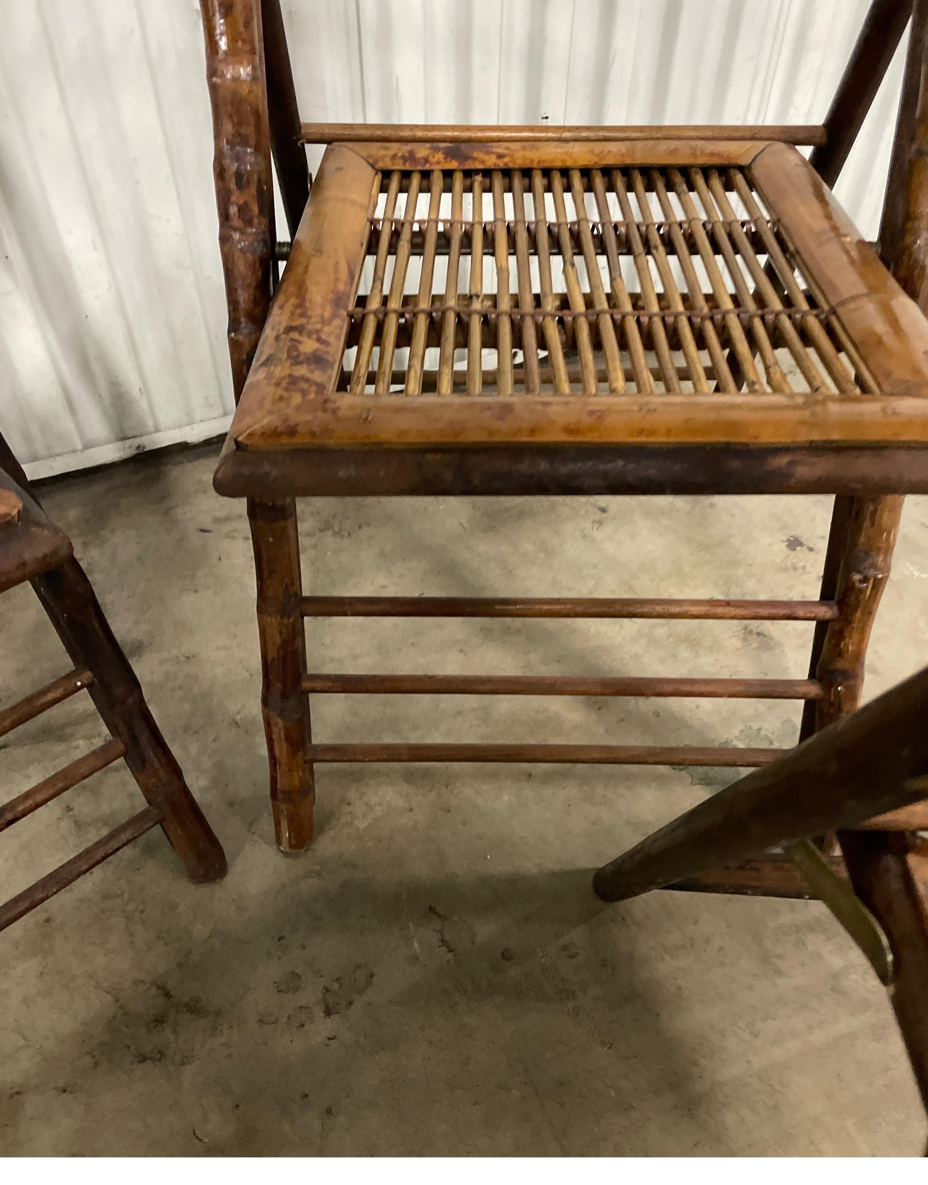 Philippine Set of Four Burnt Bamboo Tortoise Folding Chairs For Sale
