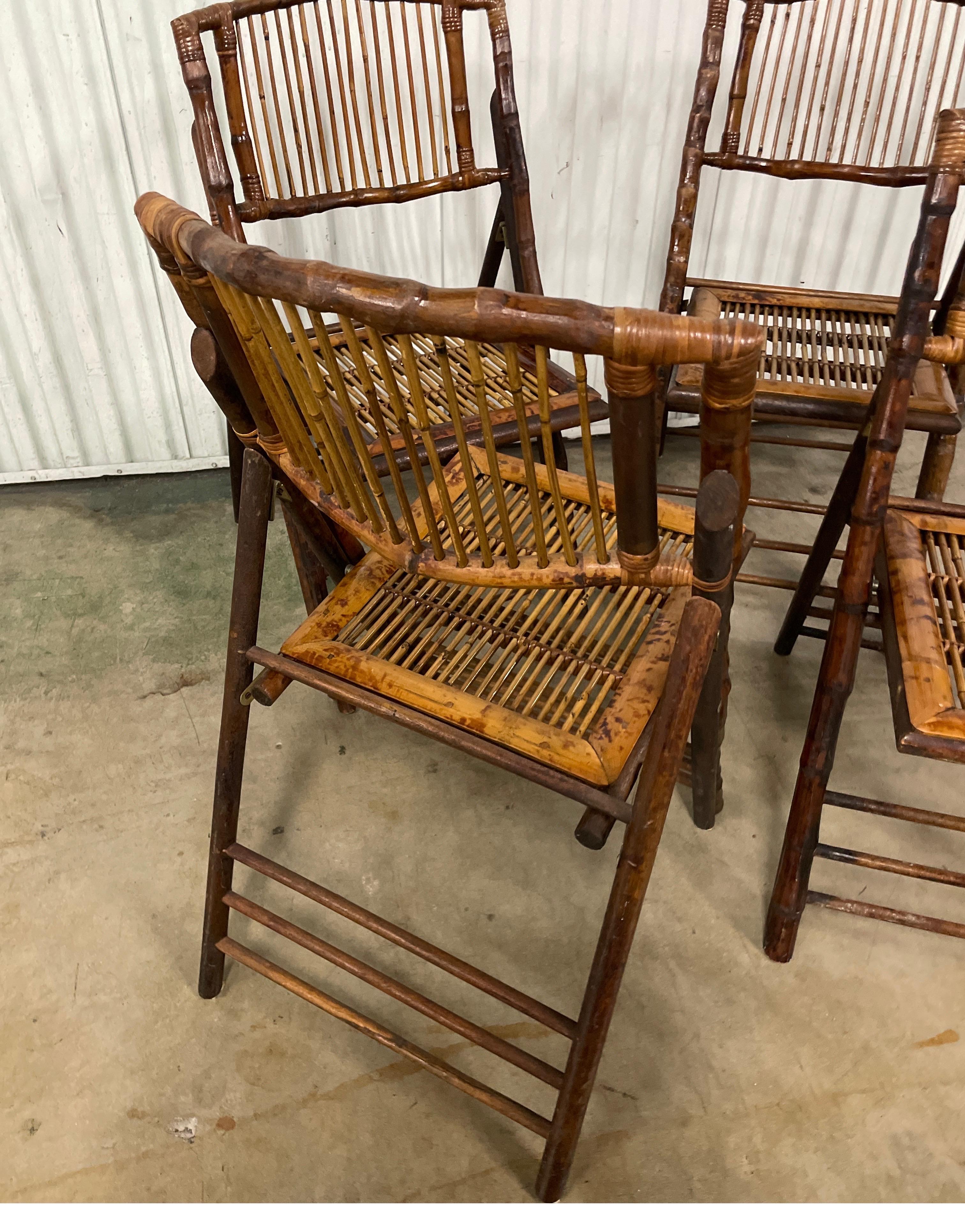 Set of Four Burnt Bamboo Tortoise Folding Chairs For Sale 1