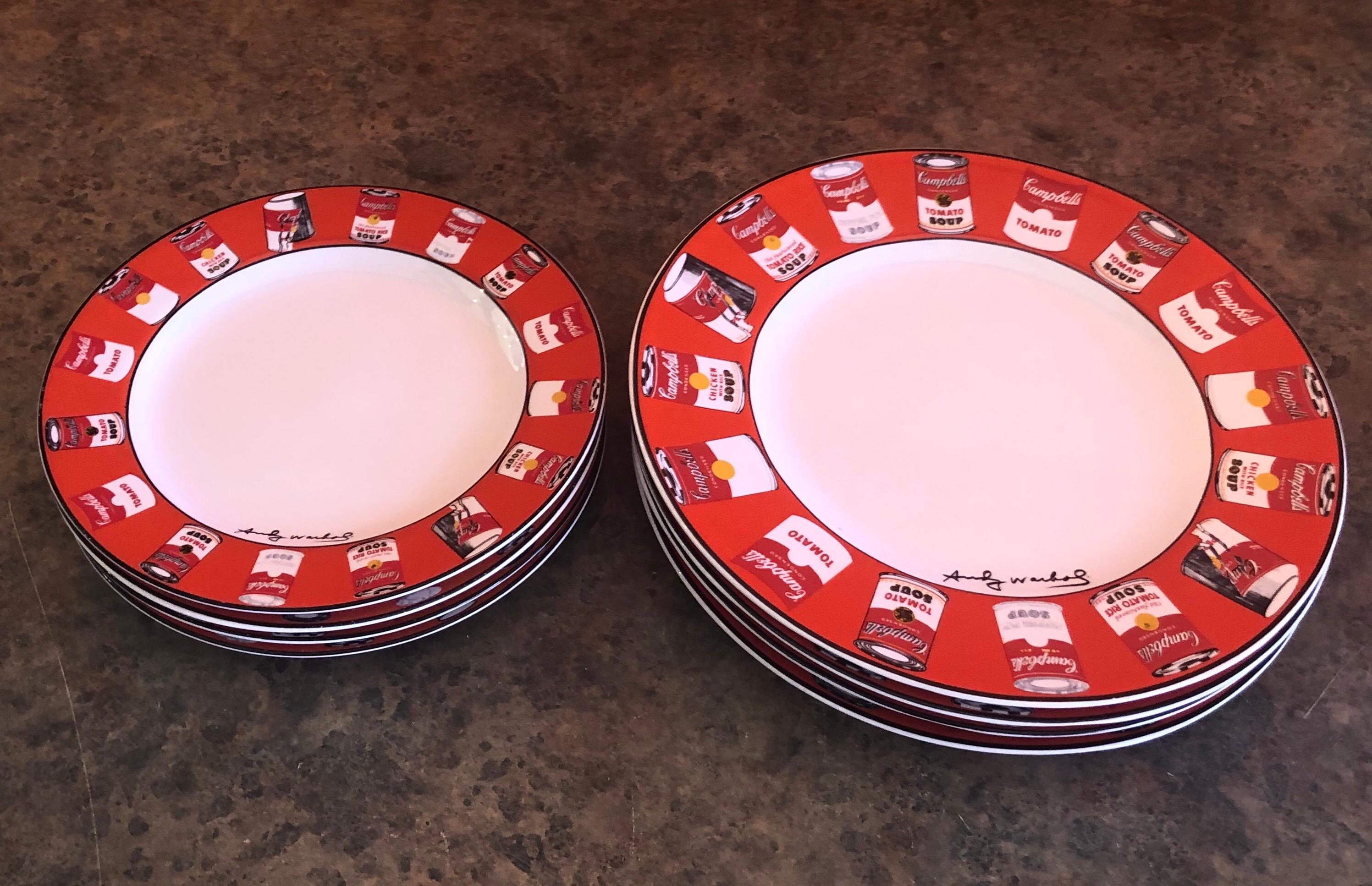 Fun set of four Cambell's soup salad and dinner plates by Andy Warhol for Block Art, circa 1990s. The set is in excellent condition with no chips or cracks. The dinner plate measures 10.5