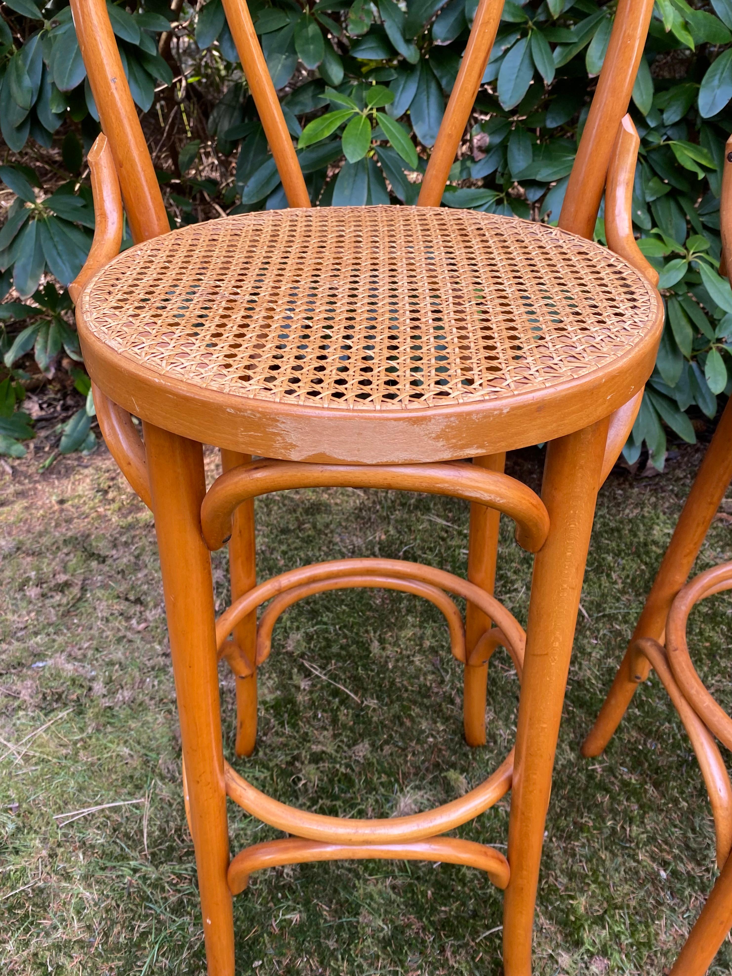 Set of Four Cane and Webbing Bar Stools, Style Thonet, Ca. 1970s 7