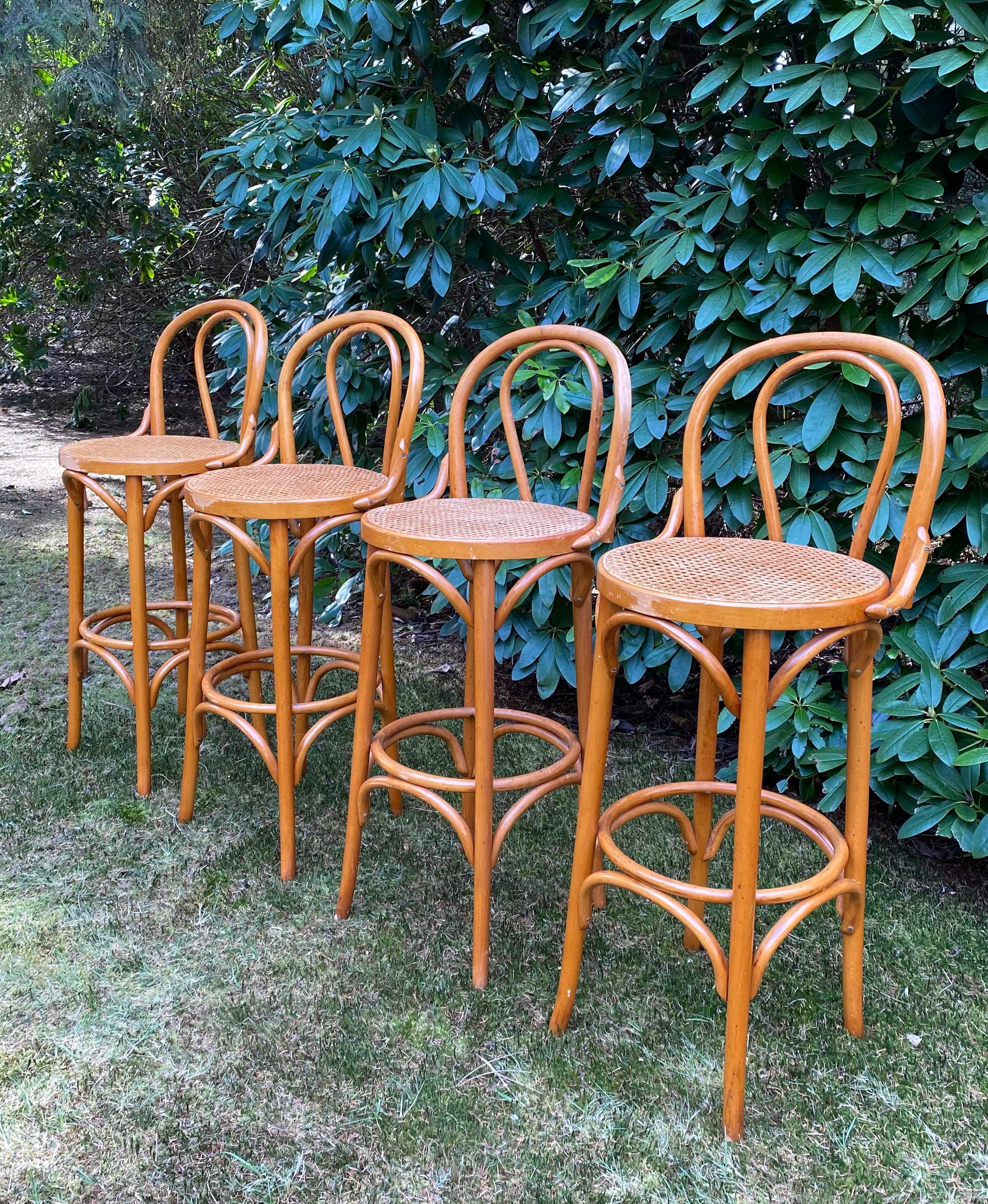 Bohemian Set of Four Cane and Webbing Bar Stools, Style Thonet, Ca. 1970s