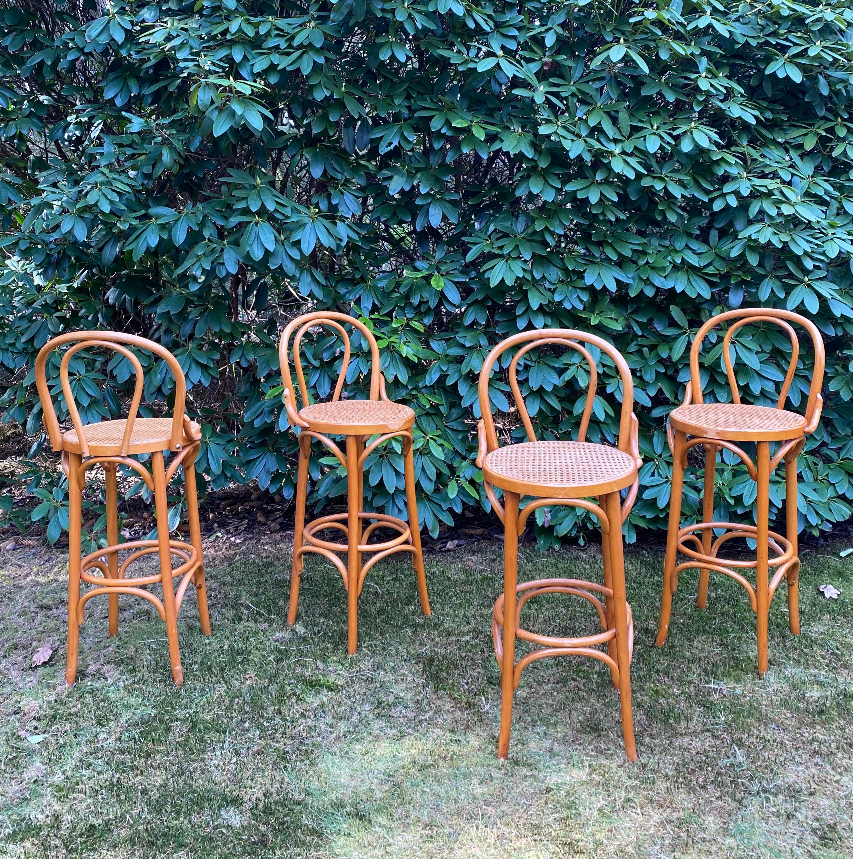 European Set of Four Cane and Webbing Bar Stools, Style Thonet, Ca. 1970s