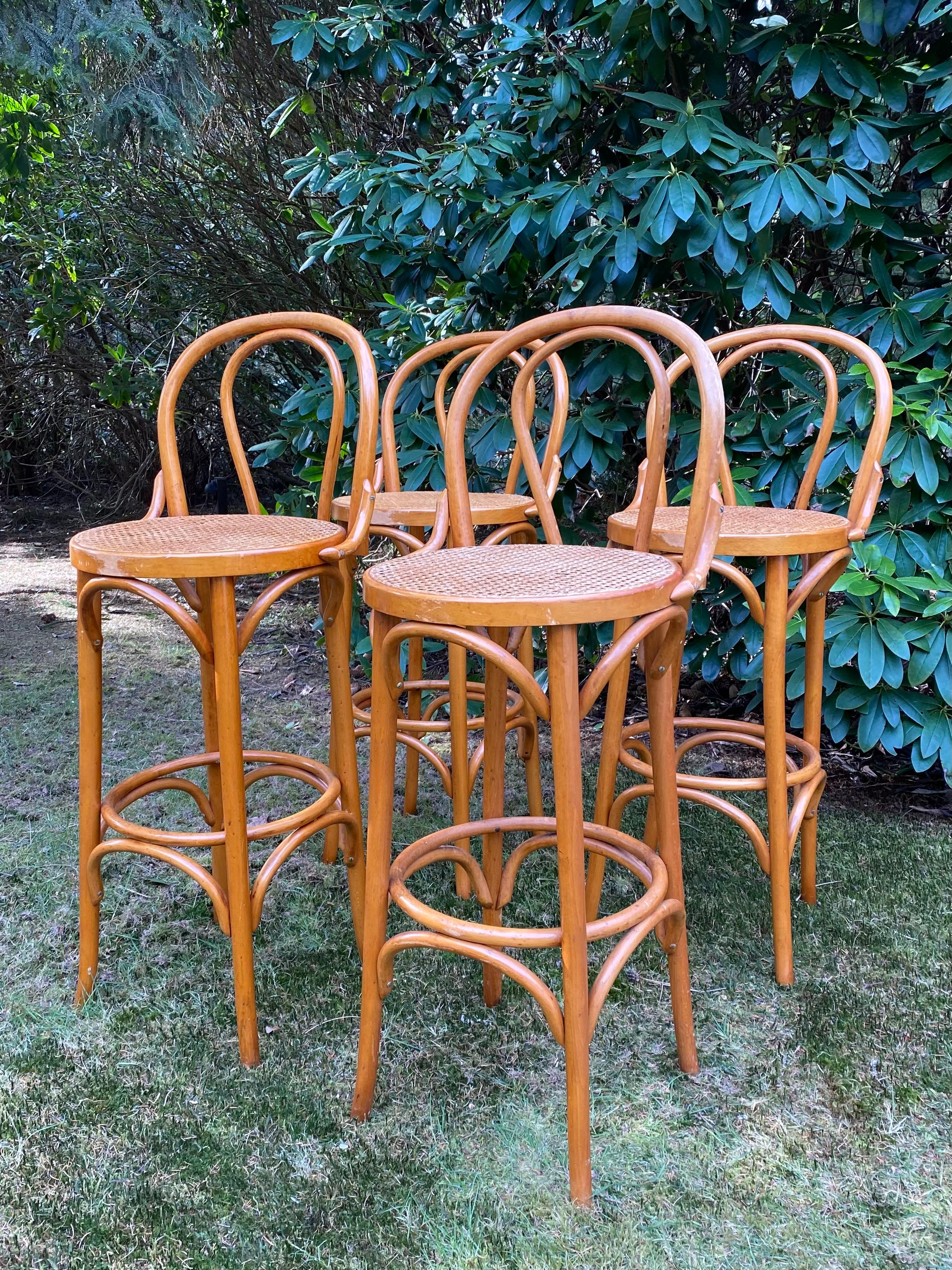Lacquered Set of Four Cane and Webbing Bar Stools, Style Thonet, Ca. 1970s