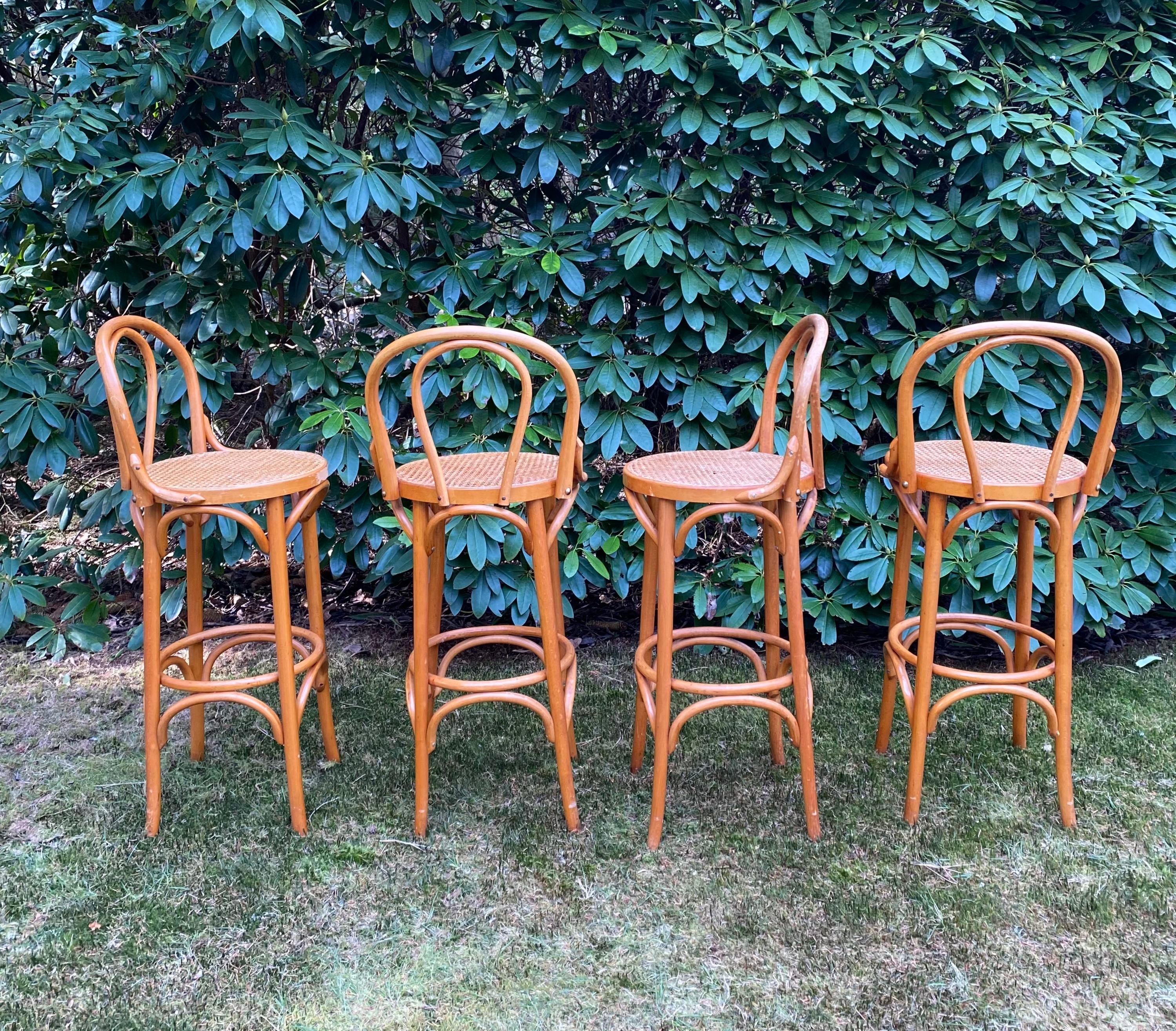 Set of Four Cane and Webbing Bar Stools, Style Thonet, Ca. 1970s In Good Condition In Schagen, NL
