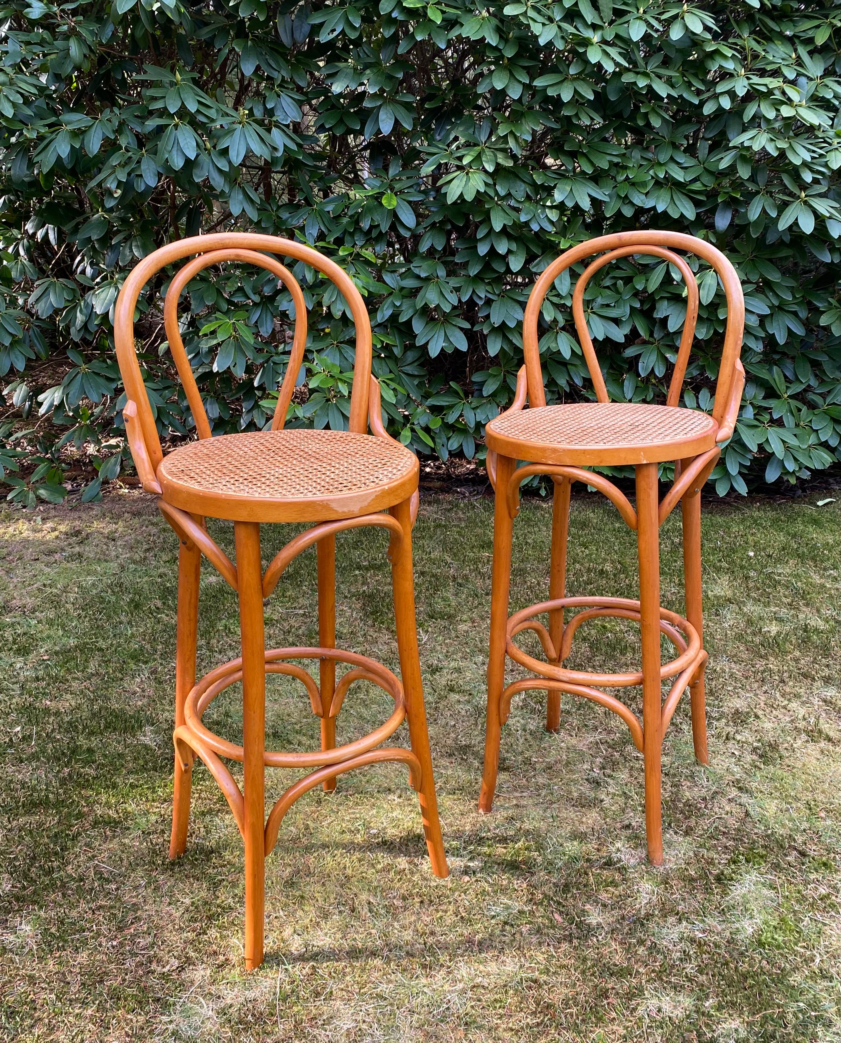 20th Century Set of Four Cane and Webbing Bar Stools, Style Thonet, Ca. 1970s