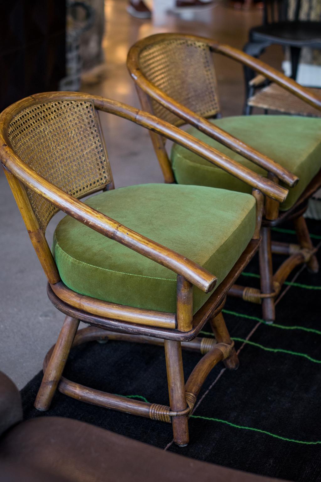 French Set of Four Cane and Rattan Swivel Chairs, France, 1960s