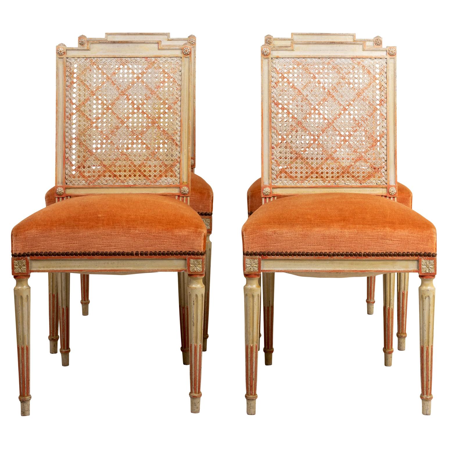 Set of Four Caned and Painted Side Chairs