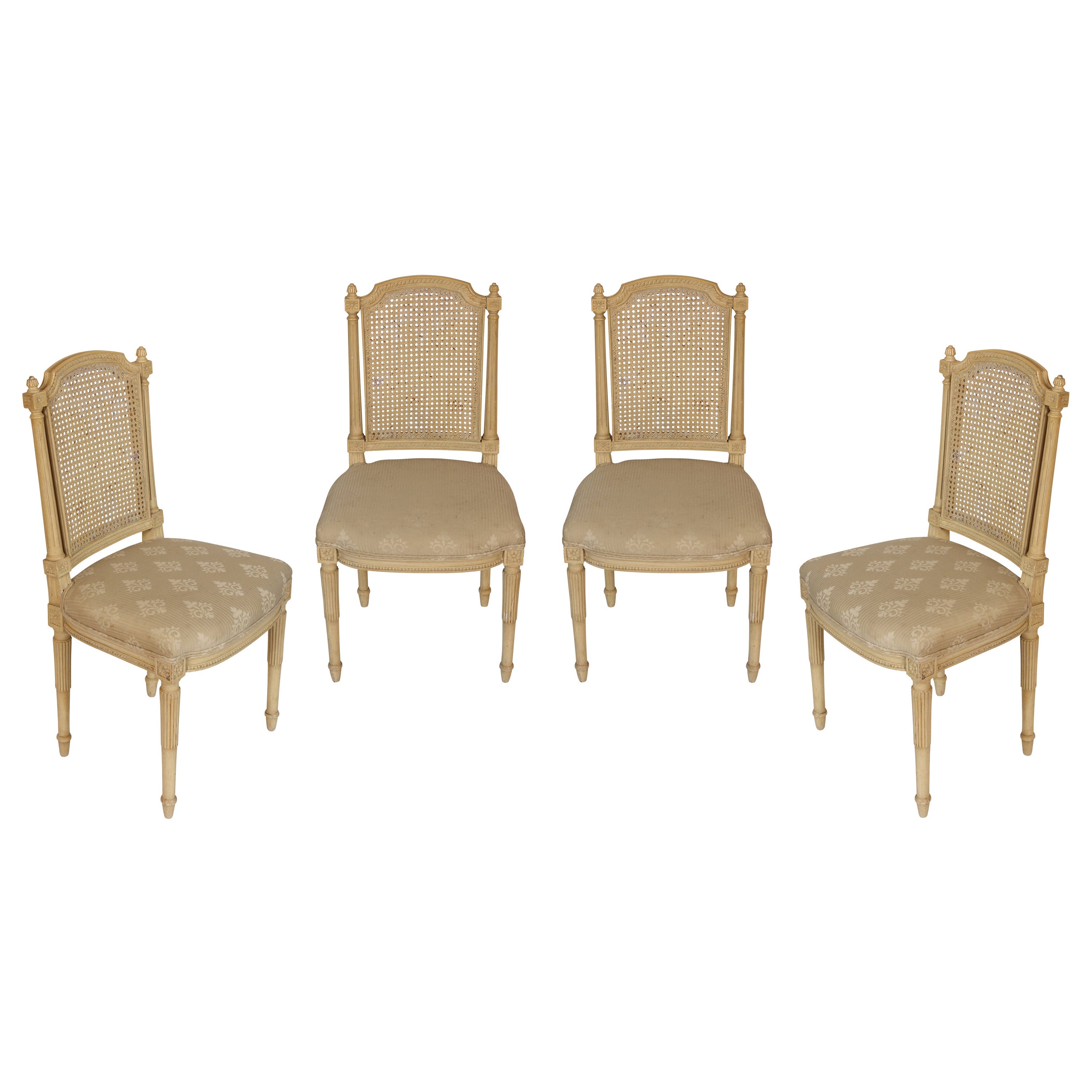 Set di quattro sedie da pranzo con schienale a canne con sedute imbottite in vendita