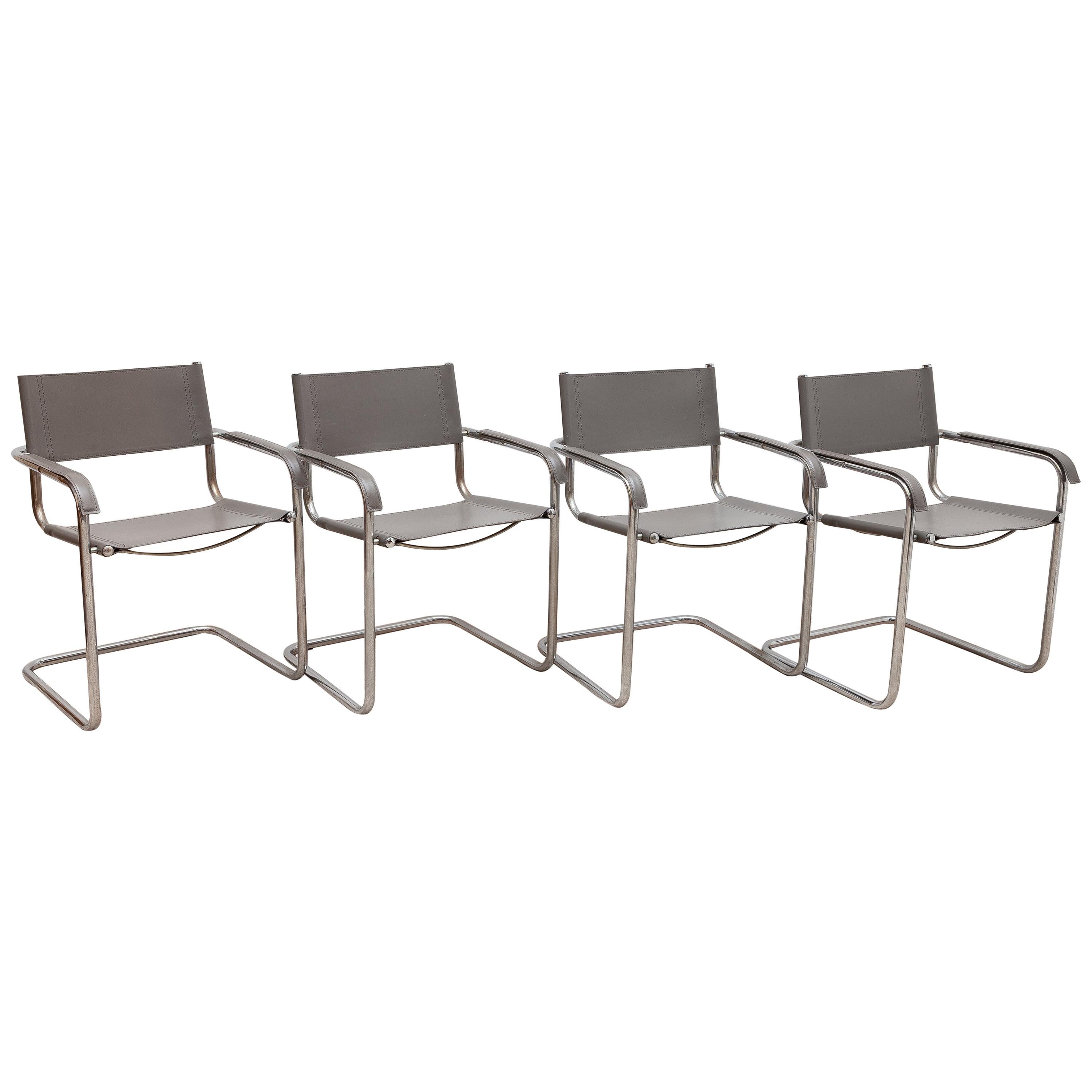 Set of Four Cantilever Grey Saddle Leather Thonet Chairs, 1970s