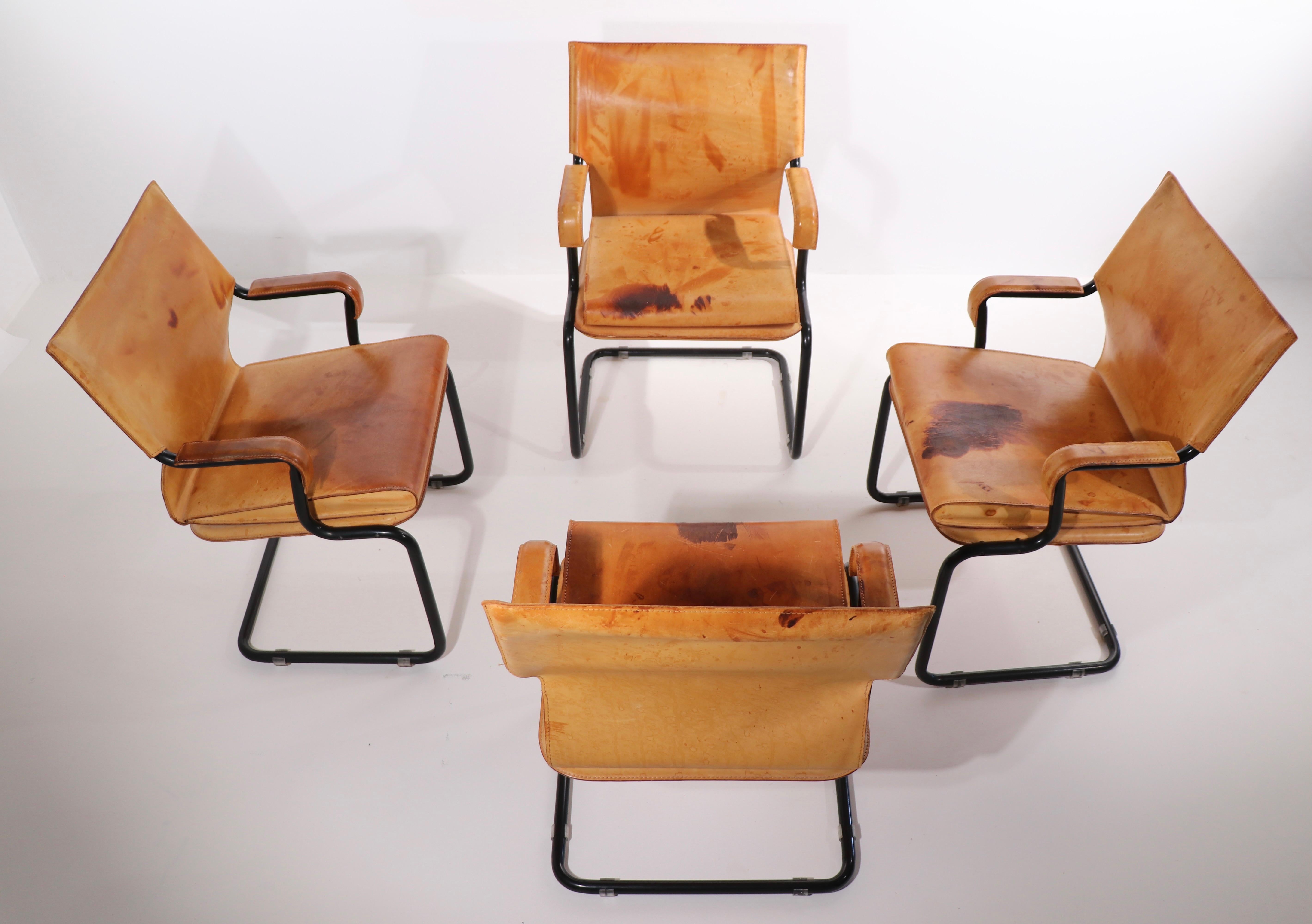 Set of Four Cantilevered Uno Chairs in Brown Leather by Marcatre 5
