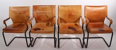 Set of Four Cantilevered Uno Chairs in Brown Leather by Marcatre