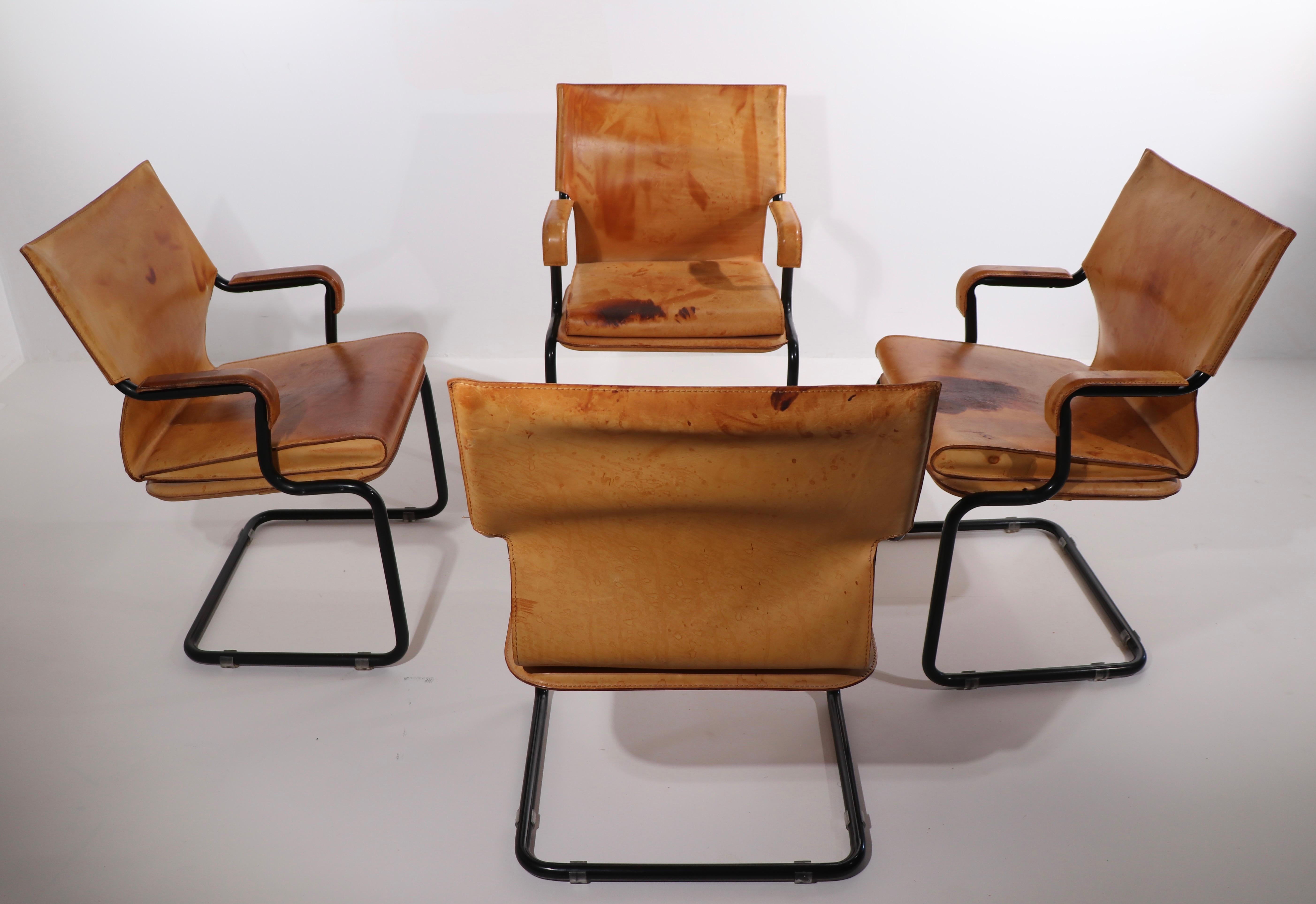 Post-Modern Set of Four Cantilevered Uno Chairs in Brown Leather by Marcatre