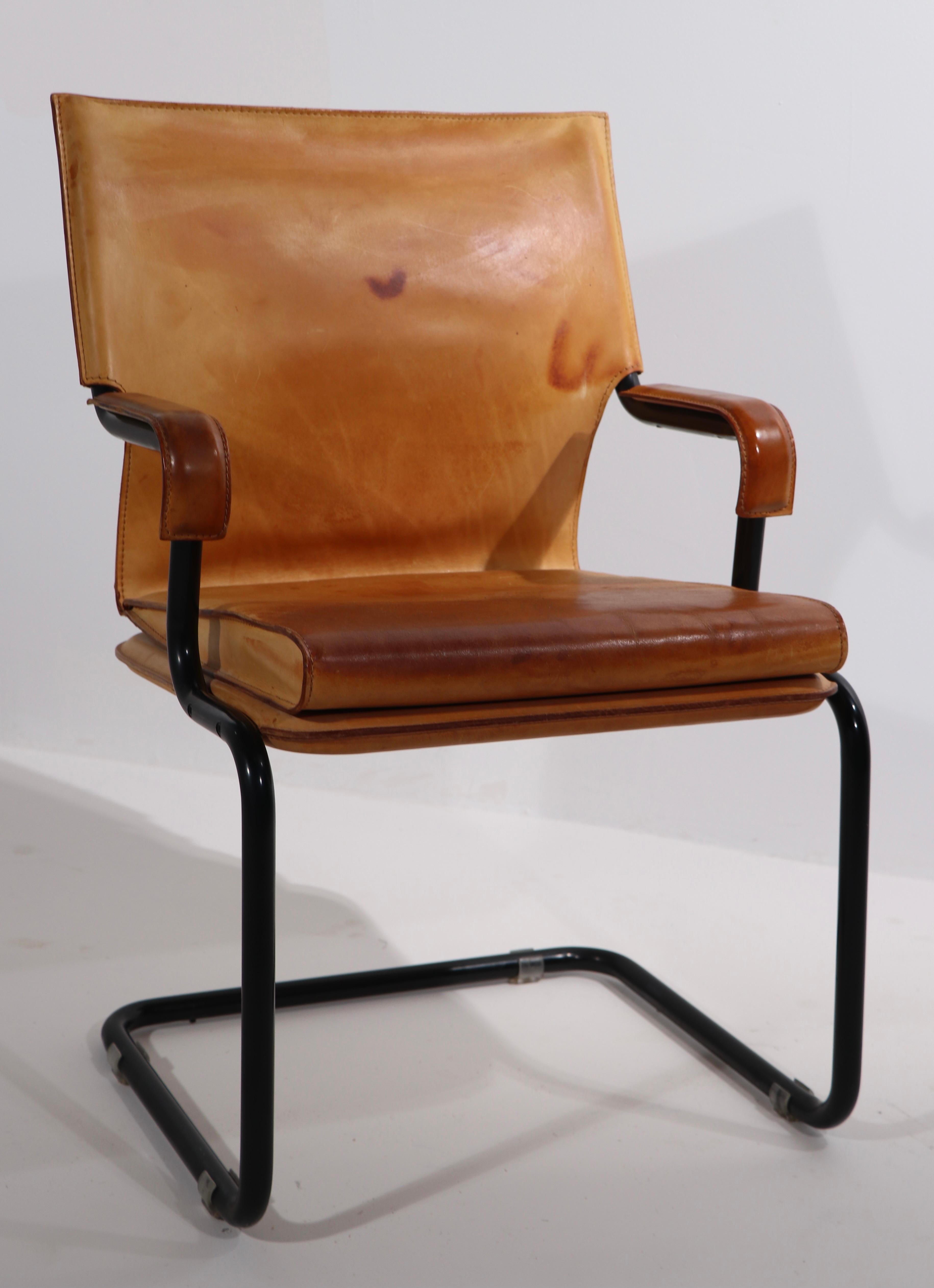 Italian Set of Four Cantilevered Uno Chairs in Brown Leather by Marcatre