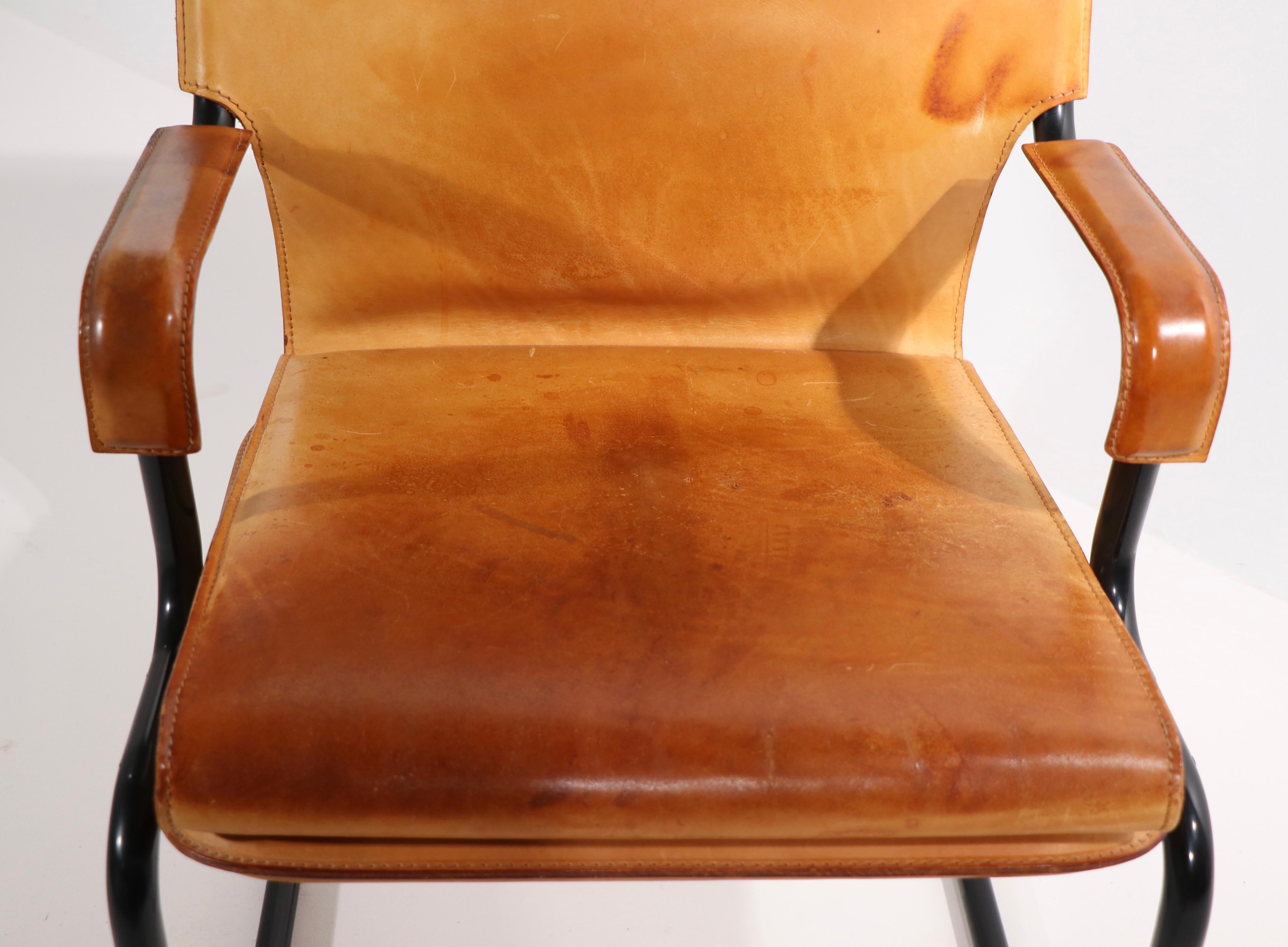 Metal Set of Four Cantilevered Uno Chairs in Brown Leather by Marcatre