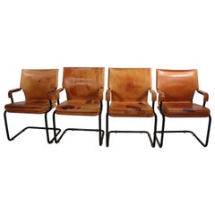 Set of Four Cantilevered Uno Chairs in Brown Leather by Marcatre