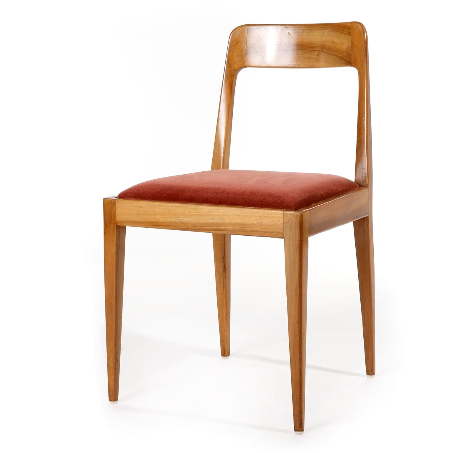 Austrian Set of Four Carl Auböck Chairs A7, Walnut Wood Velvet, Austria, 1950s For Sale