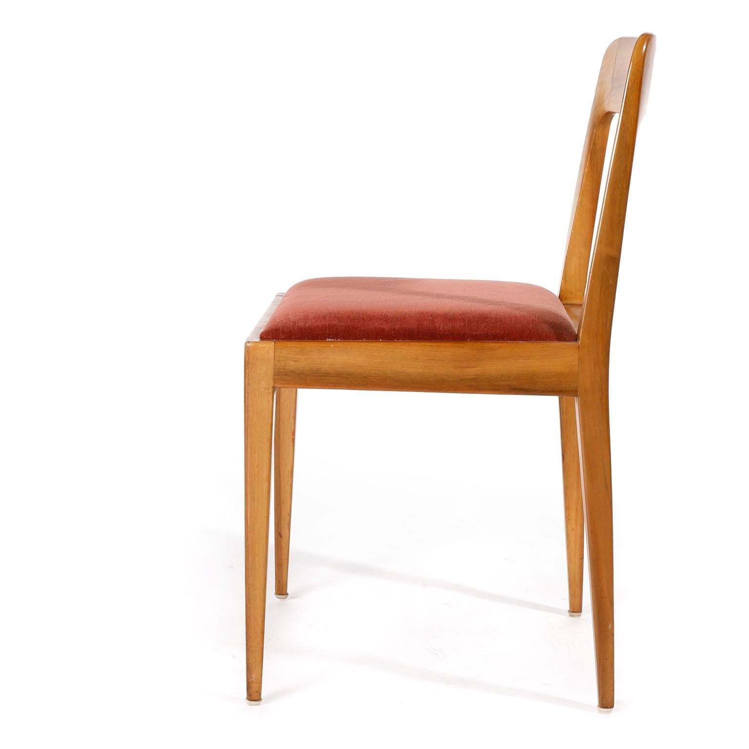 Mid-20th Century Set of Four Carl Auböck Chairs A7, Walnut Wood Velvet, Austria, 1950s For Sale