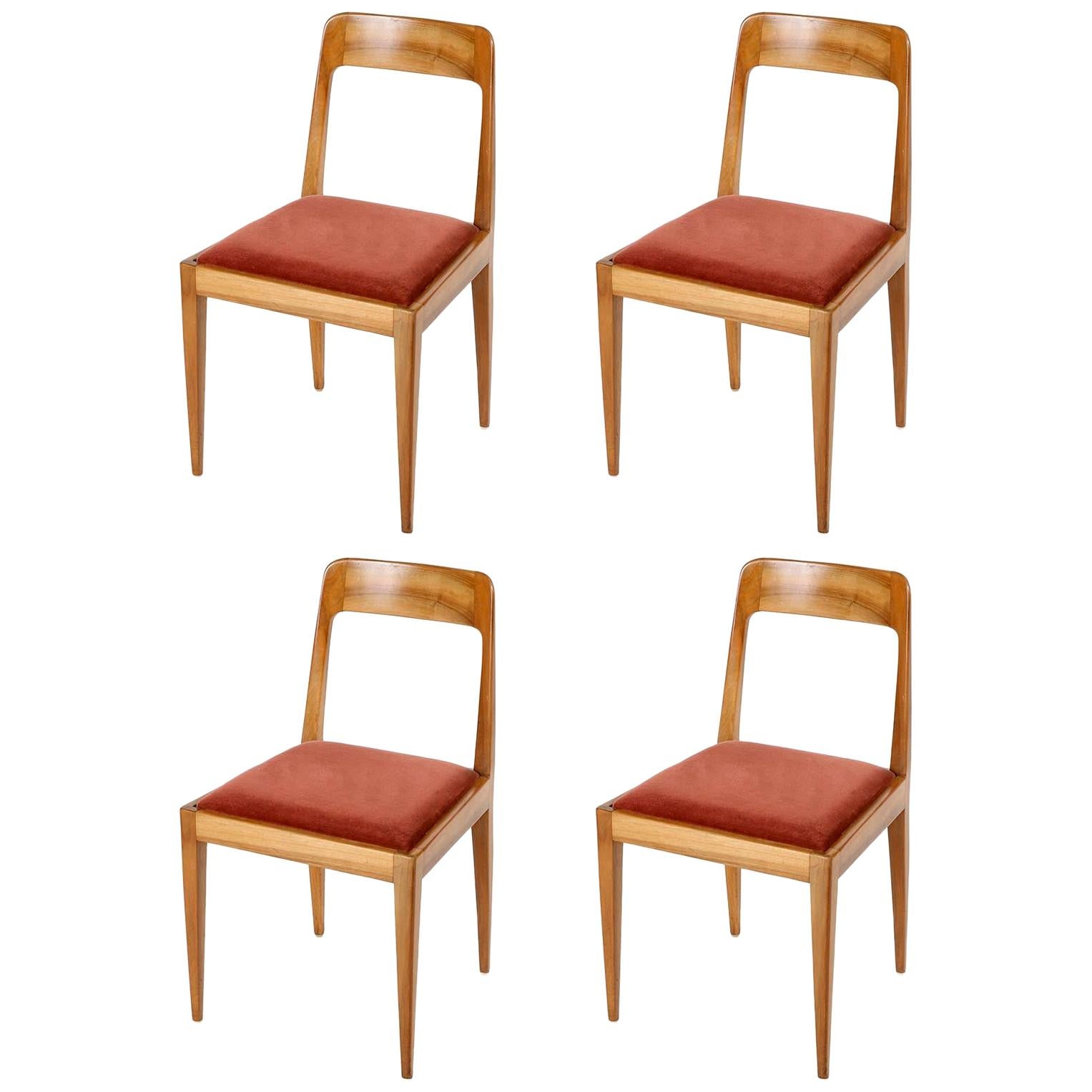 Set of Four Carl Auböck Chairs A7, Walnut Wood Velvet, Austria, 1950s