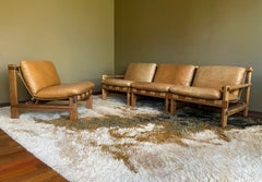 Set of four Carl Straub brutalist pine and leather lounge chairs -sectional sofa