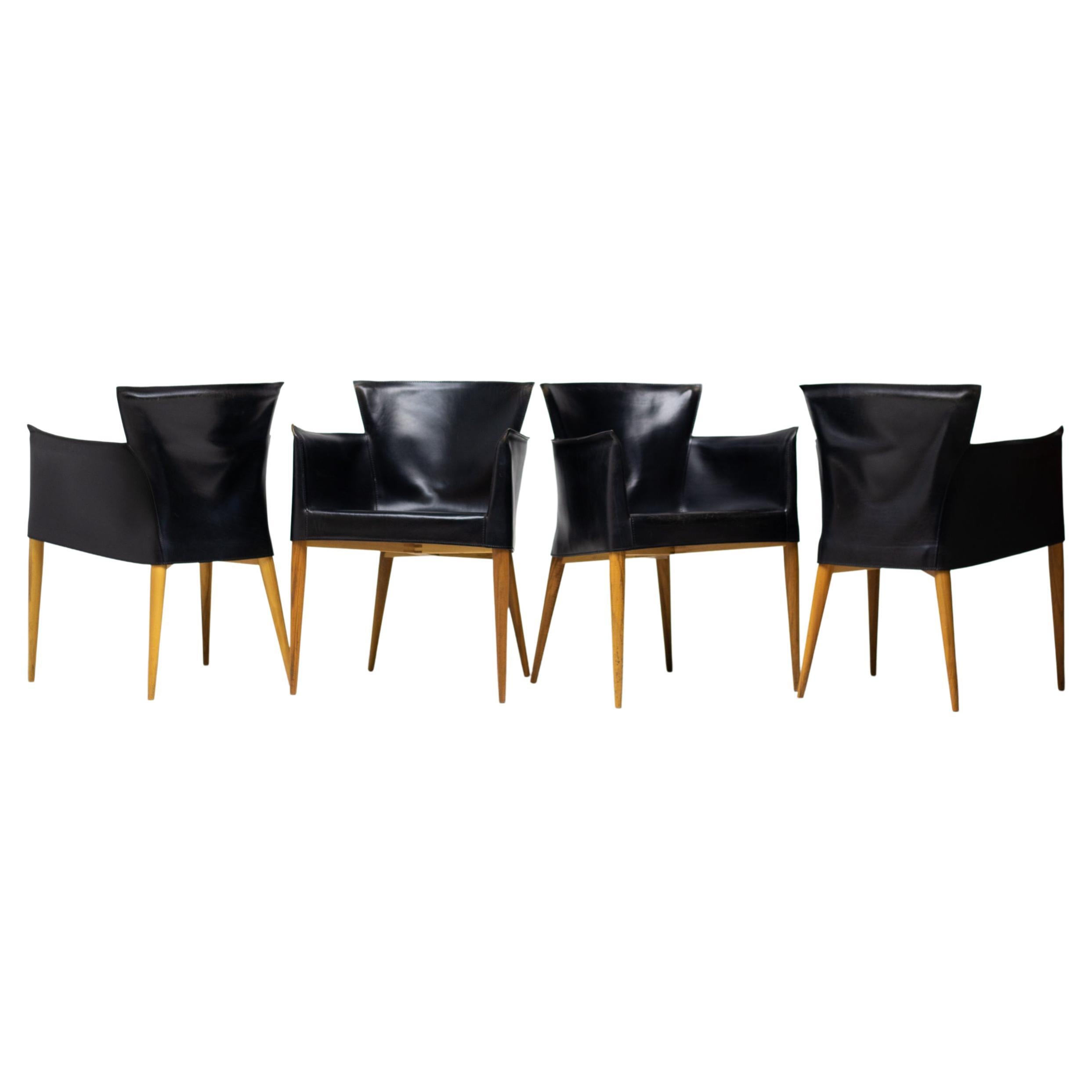 Set of Four Carlo Bartoli Black Leather Armchairs