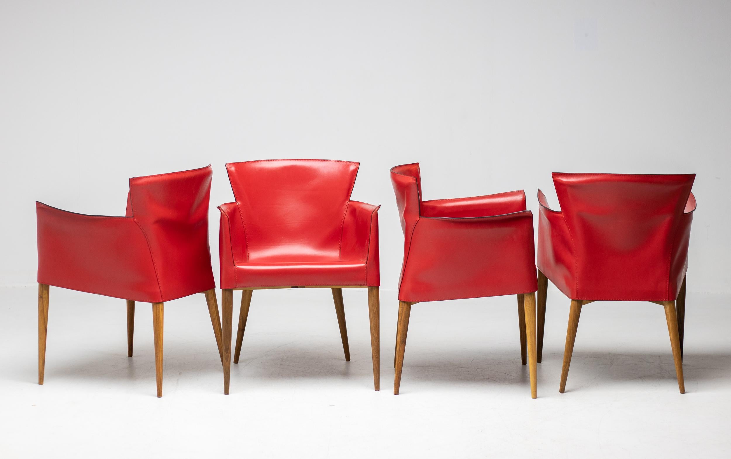 Set of Four Carlo Bartoli Red Leather Armchairs 6