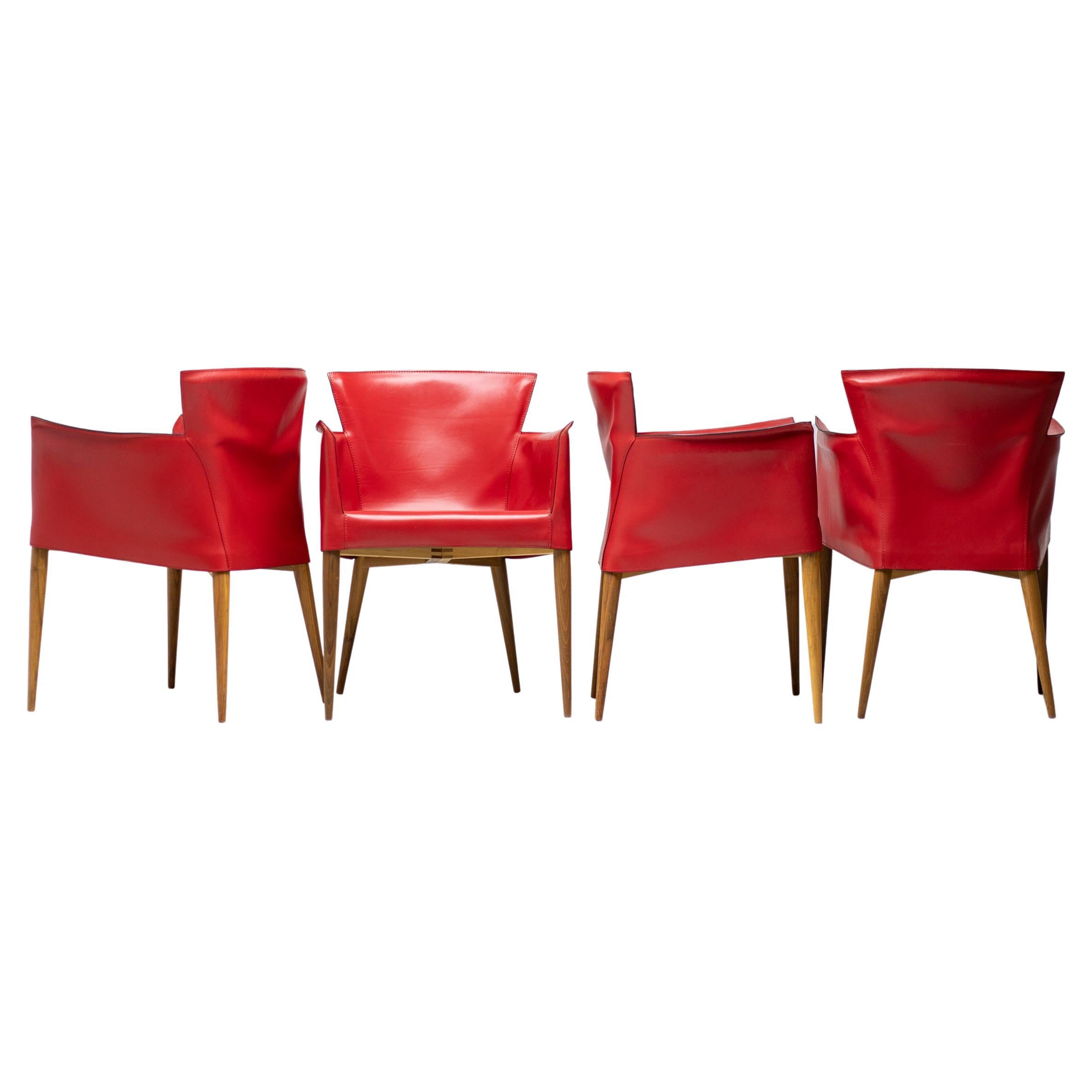 Set of Four Carlo Bartoli Red Leather Armchairs