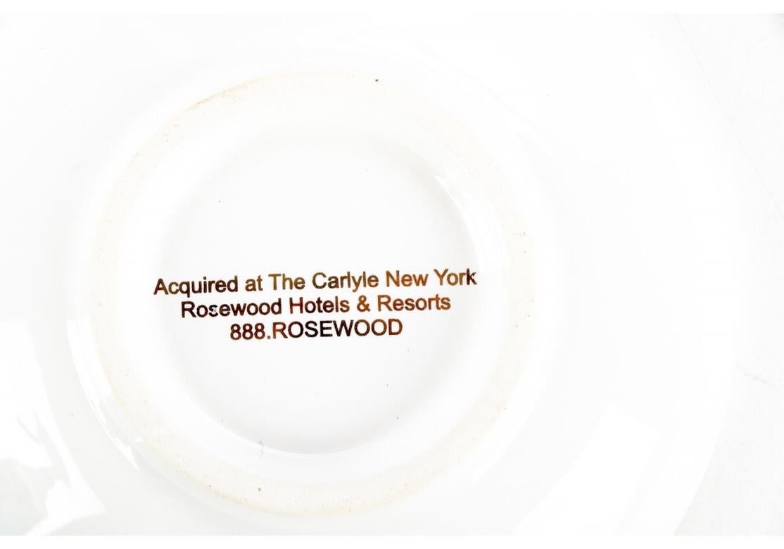 Rare and original unused set of four Carlyle Hotel Ashtrays with Gold embossed edge and center Carlyle Emblem with five pointed Crown. The underside embossed with the message, “Acquired at the Carlyle New York”
Very good unused condition. 
Each