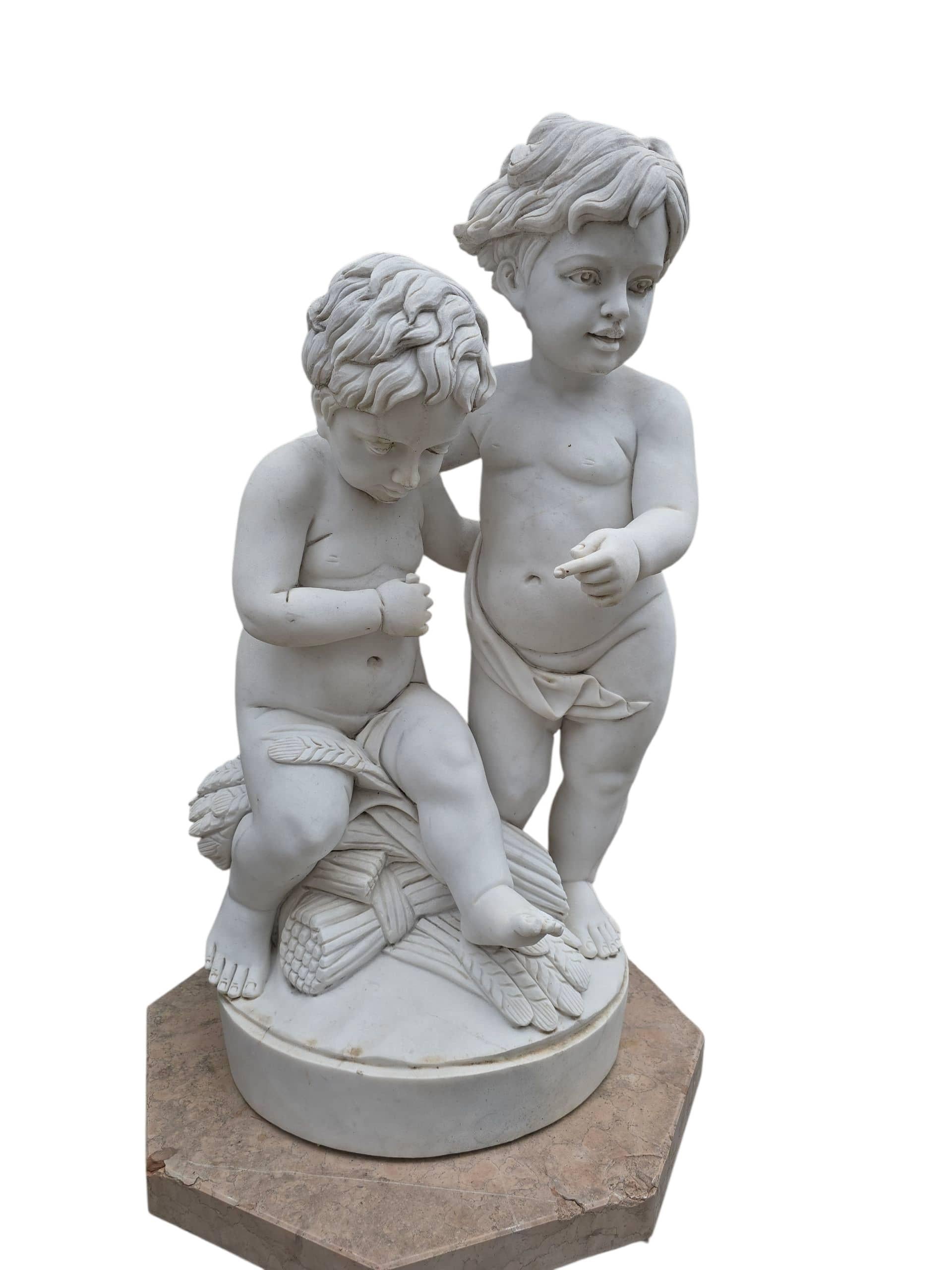 Late 20th Century Set of Four Carrara Marble Cherub Sculptures on Red Marble Bases, Italy For Sale