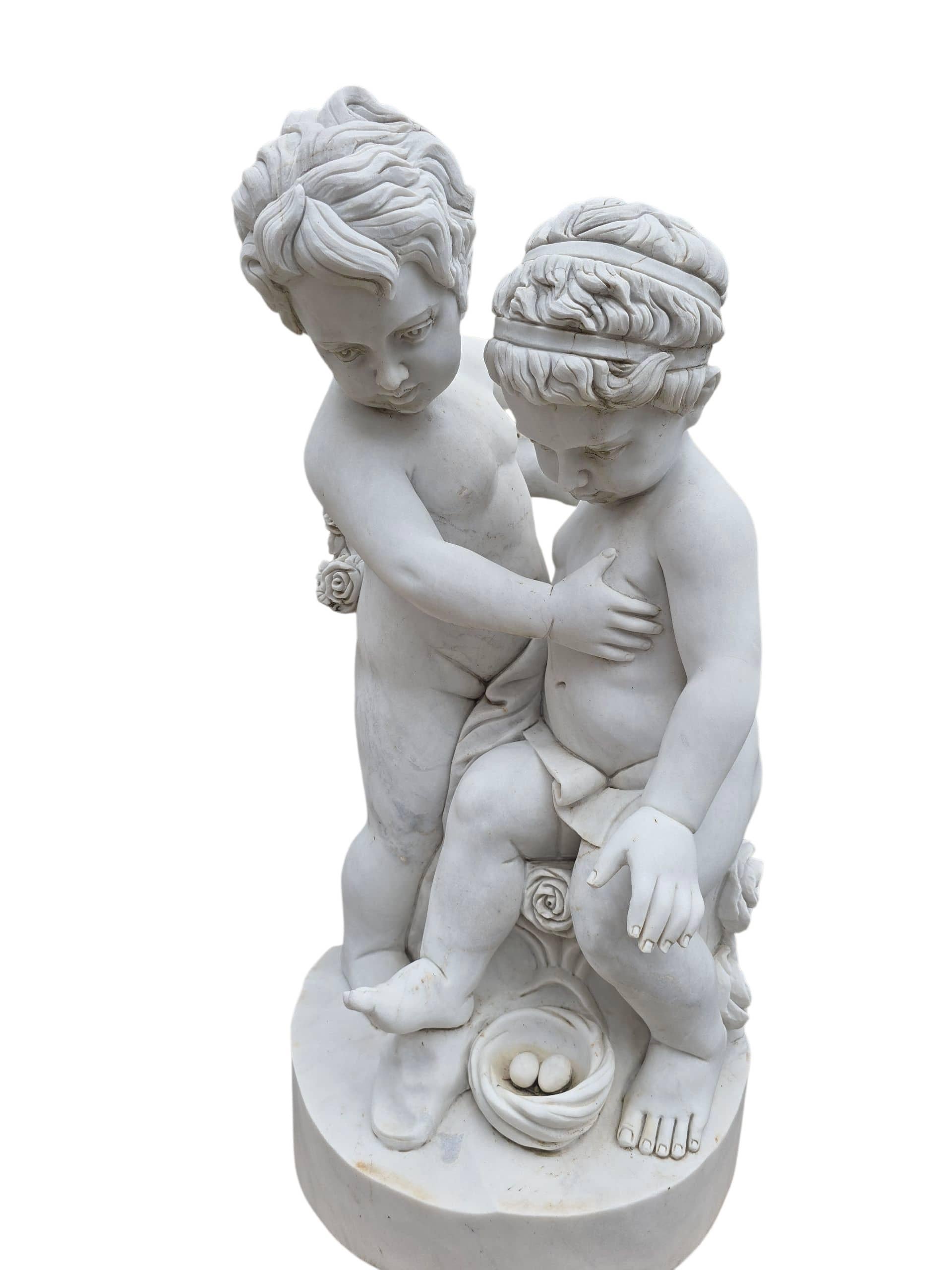 Set of Four Carrara Marble Cherub Sculptures on Red Marble Bases, Italy For Sale 1