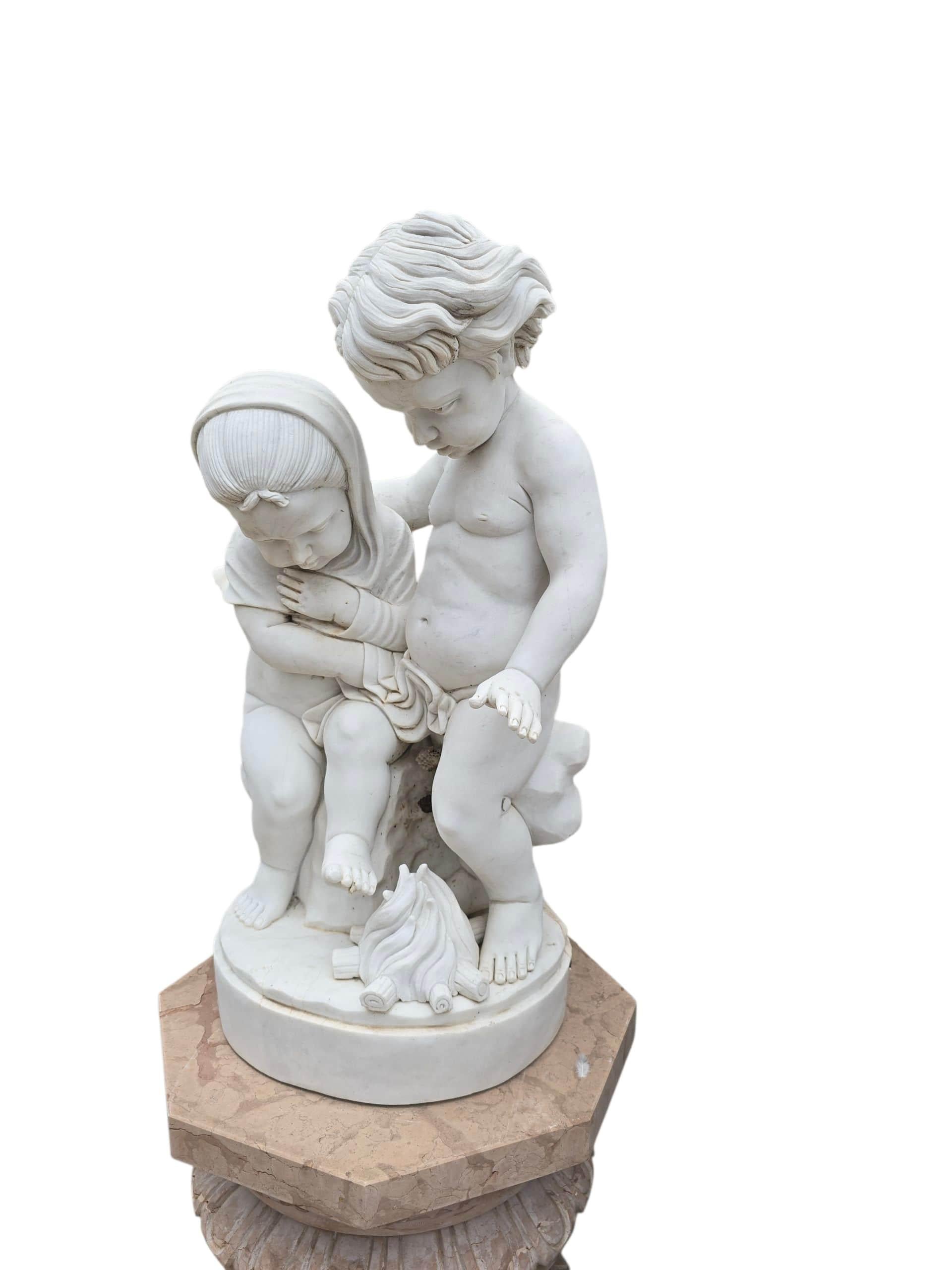 Set of Four Carrara Marble Cherub Sculptures on Red Marble Bases, Italy For Sale 2