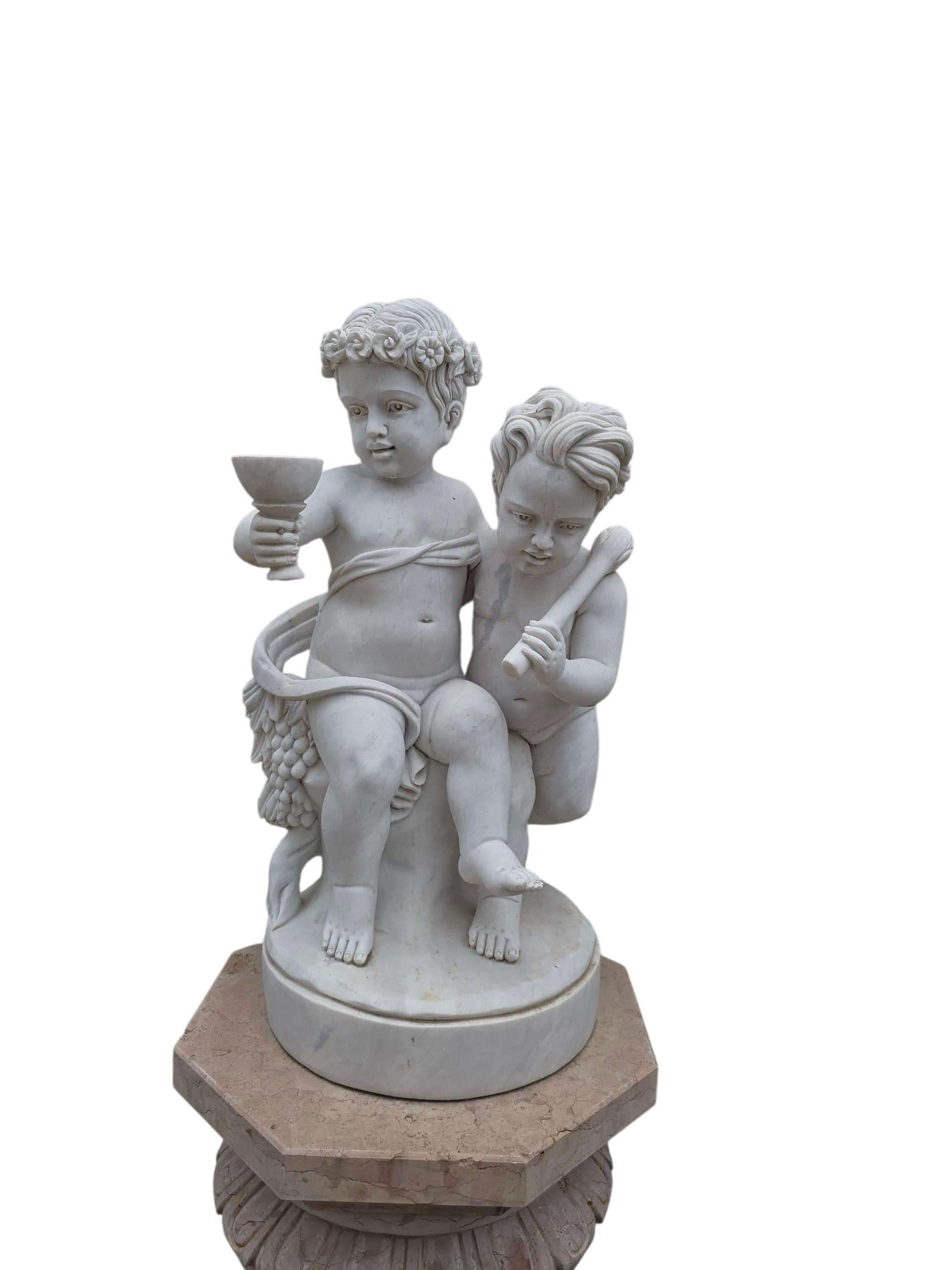 Set of Four Carrara Marble Cherub Sculptures on Red Marble Bases, Italy For Sale 3