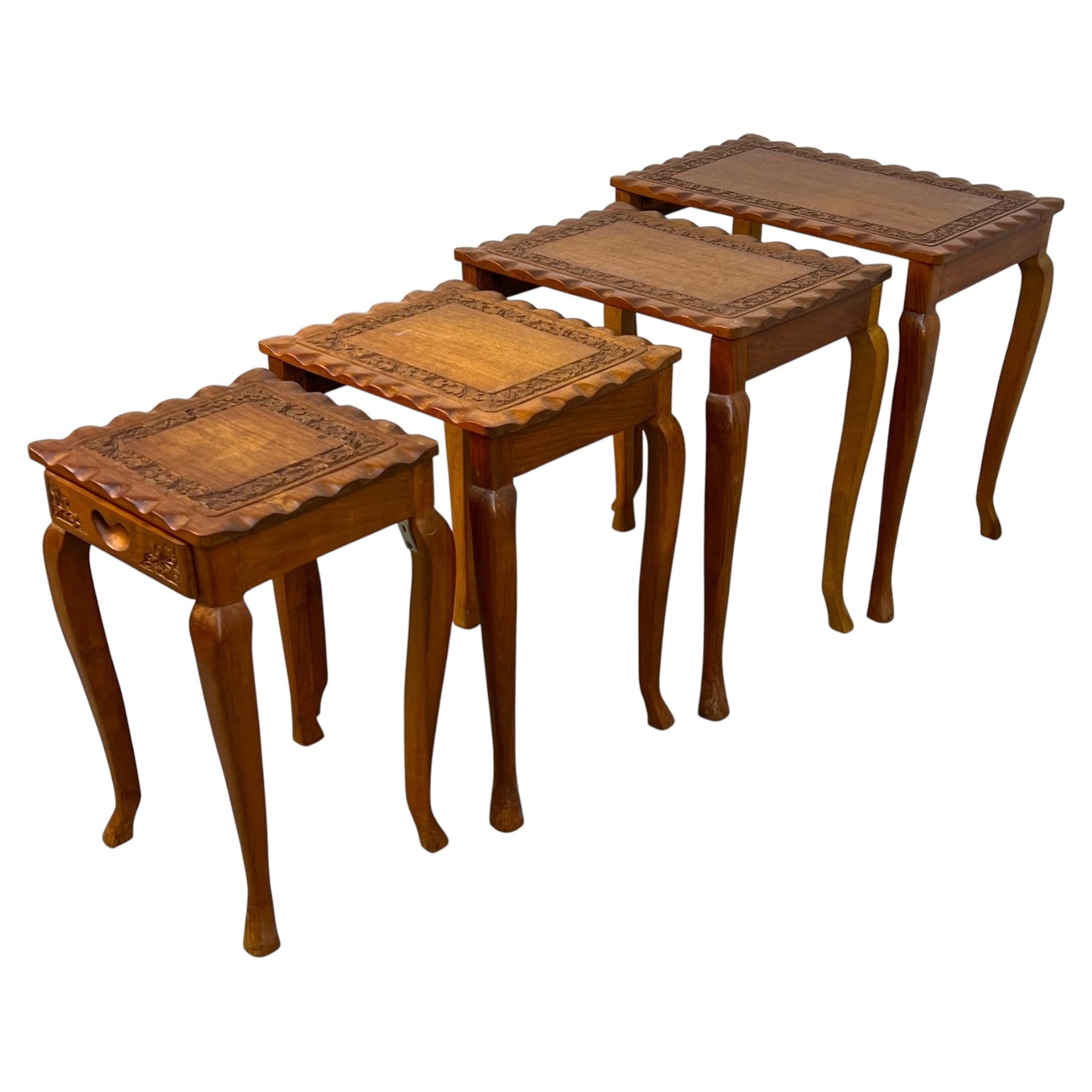 Set of Four Carved Antique Nesting Tables For Sale