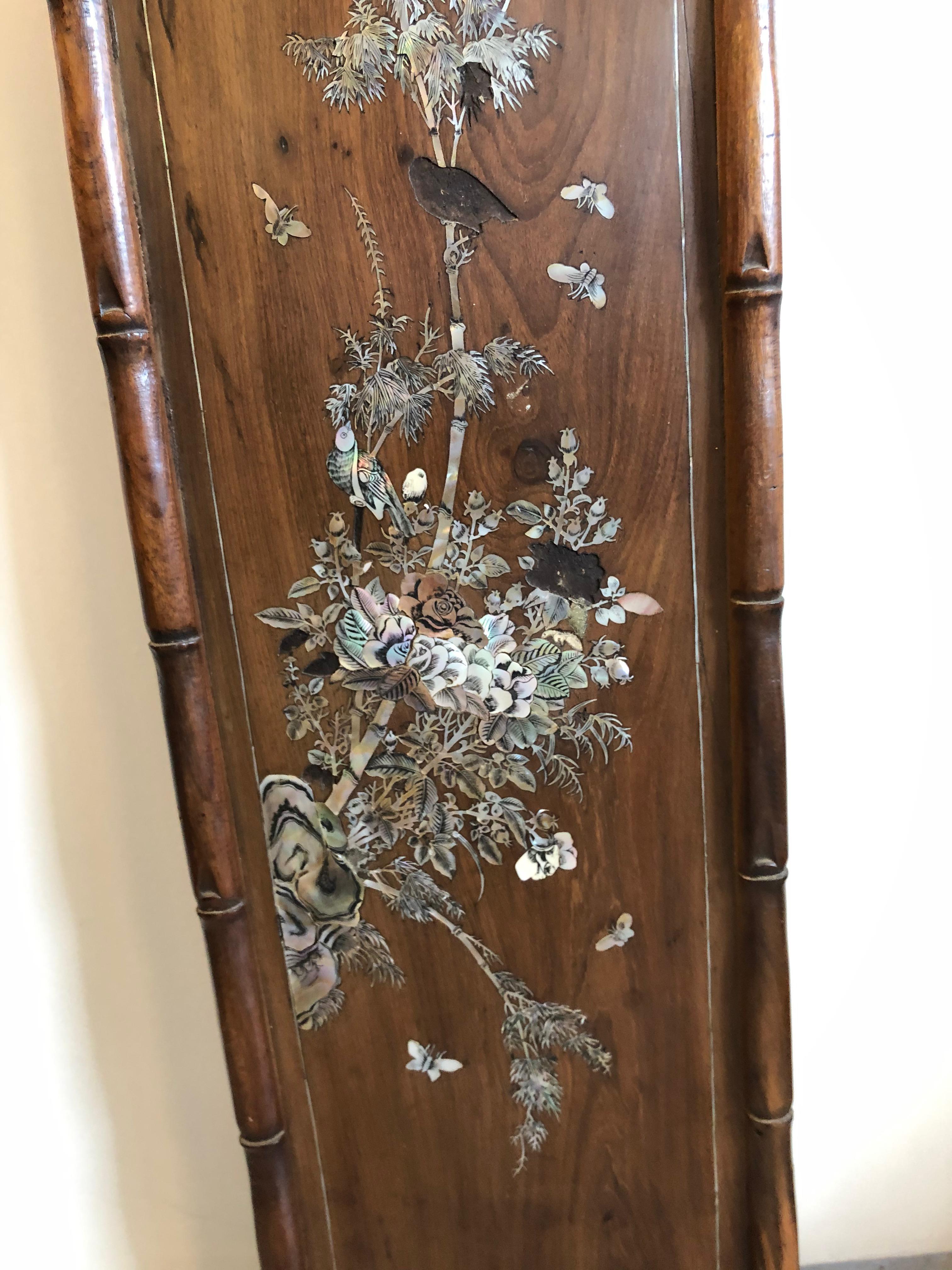 Set of Four Carved Asian Wood Panels with Mother of Pearl Inlays 1