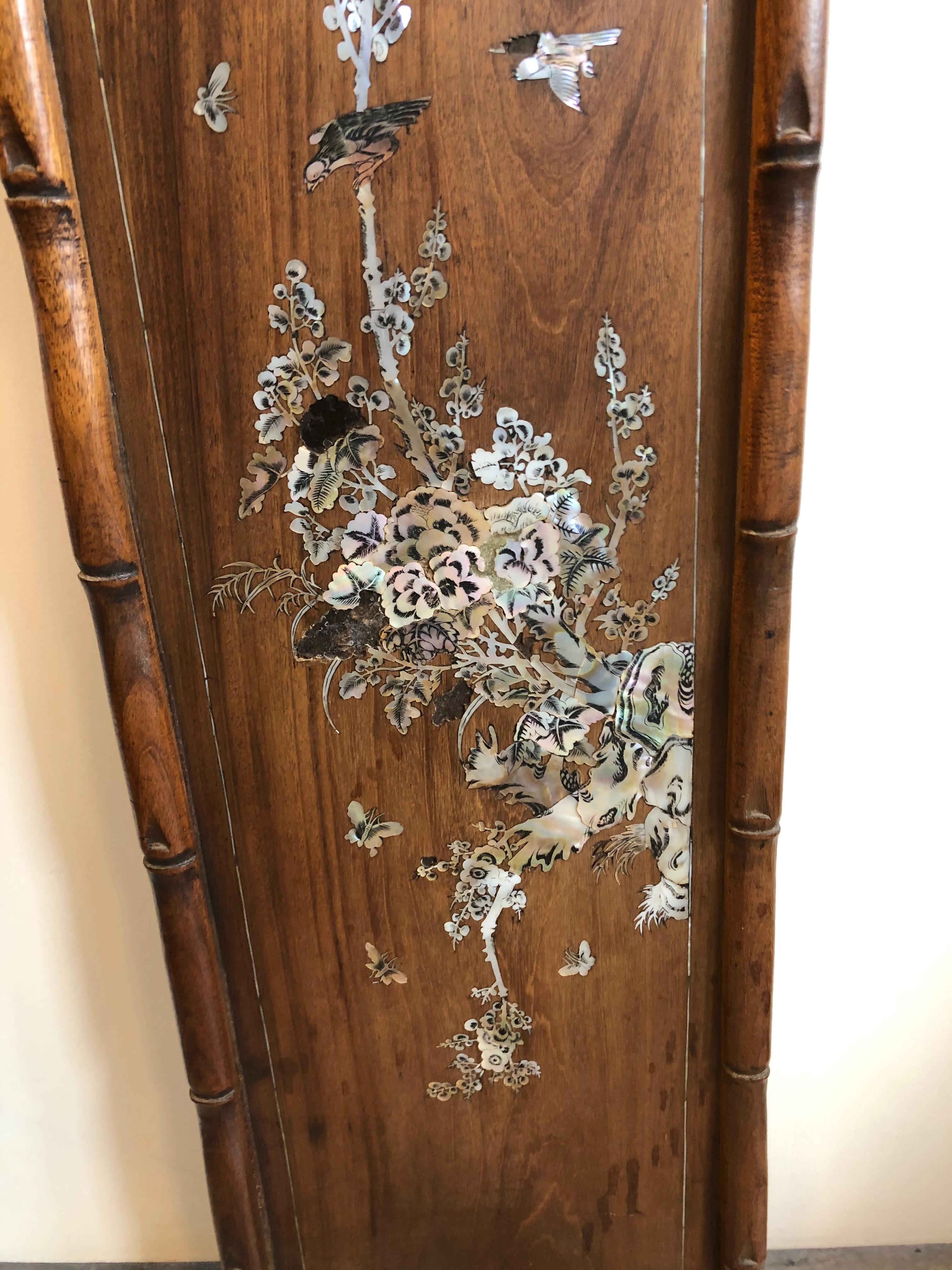 Set of Four Carved Asian Wood Panels with Mother of Pearl Inlays 4