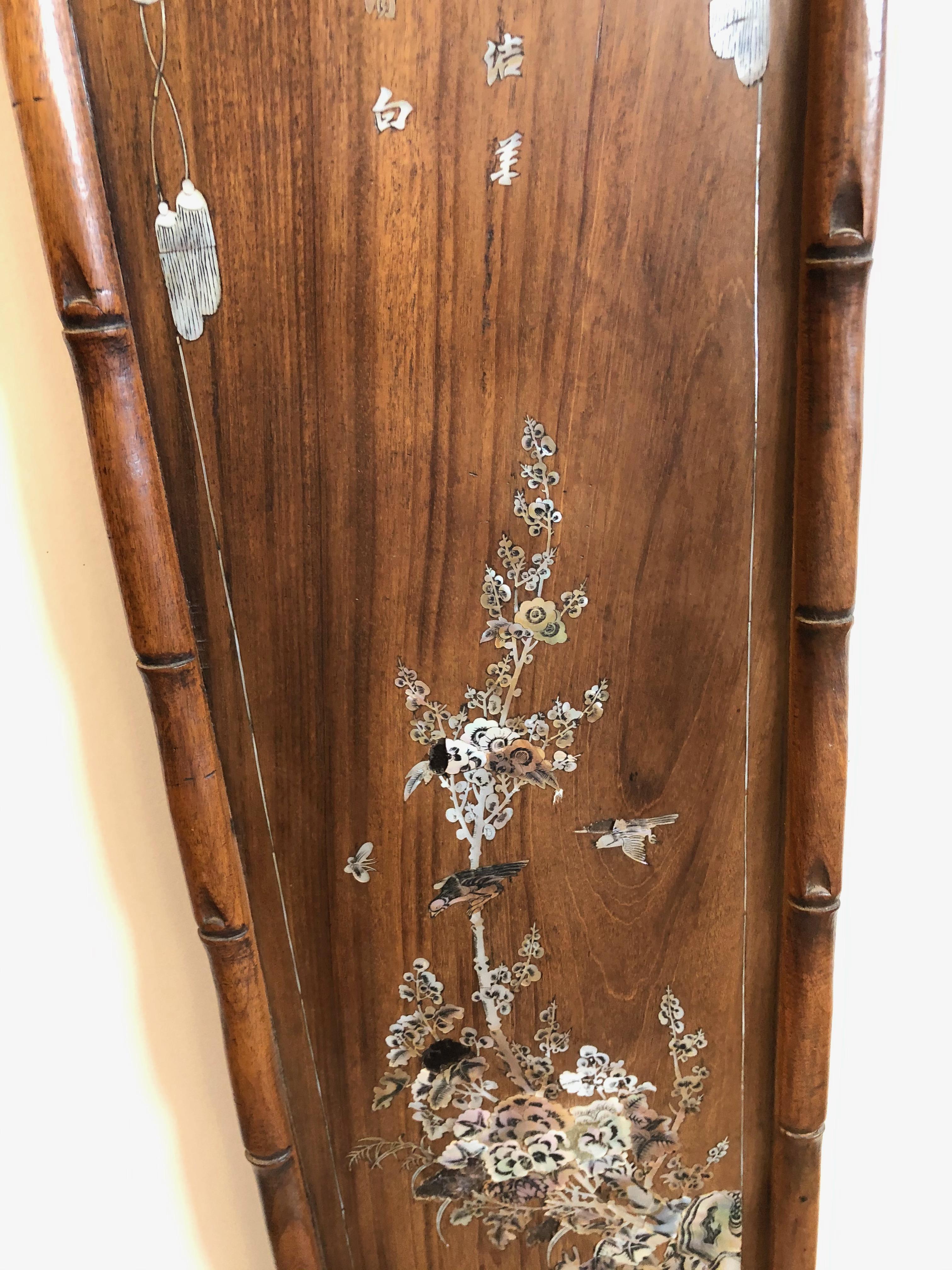 Set of Four Carved Asian Wood Panels with Mother of Pearl Inlays 5