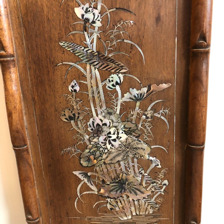 Set of Four Carved Asian Wood Panels with Mother of Pearl Inlays In Good Condition For Sale In Stockholm, SE