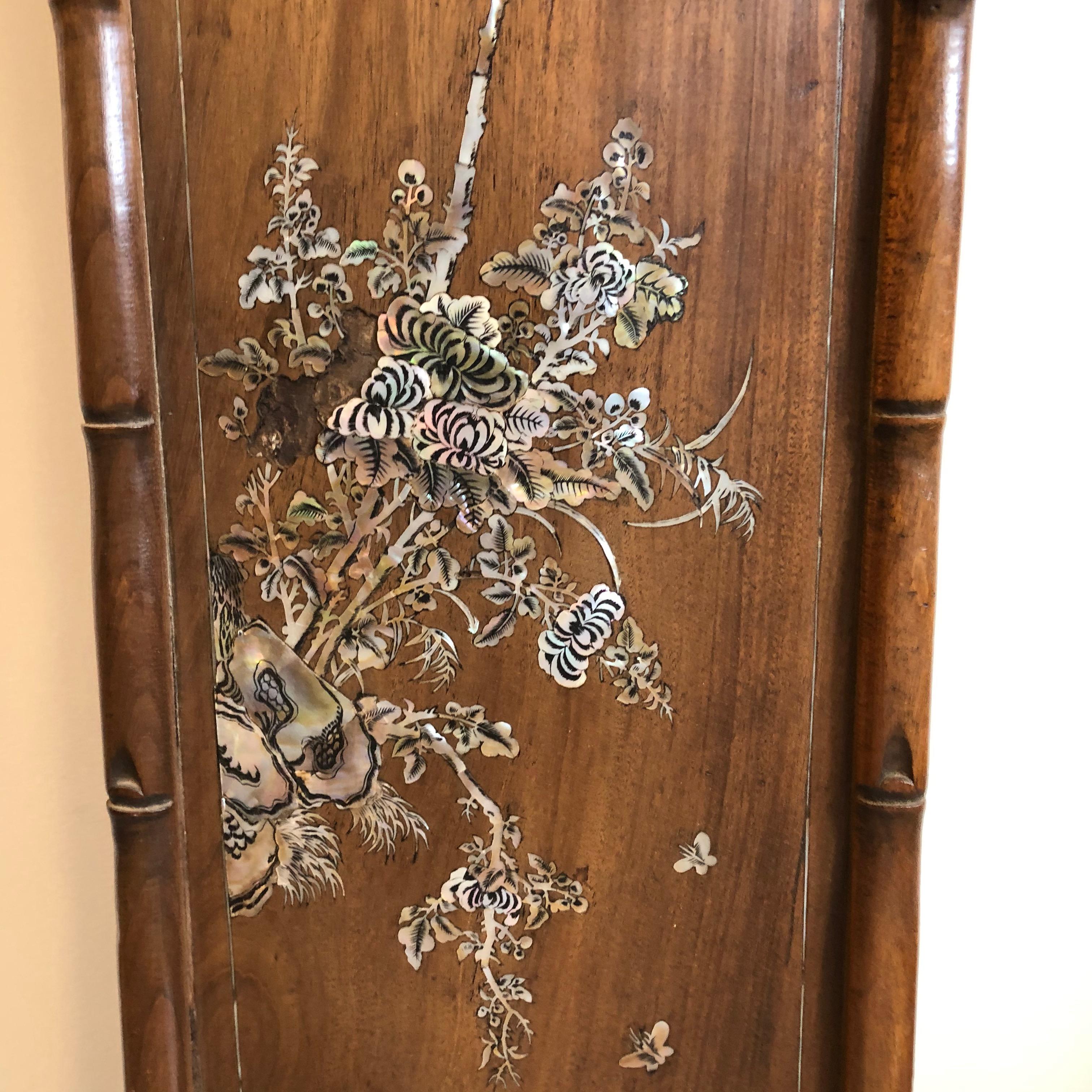 20th Century Set of Four Carved Asian Wood Panels with Mother of Pearl Inlays