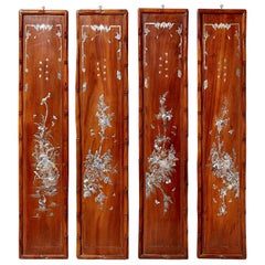 Set of Four Carved Asian Wood Panels with Mother of Pearl Inlays