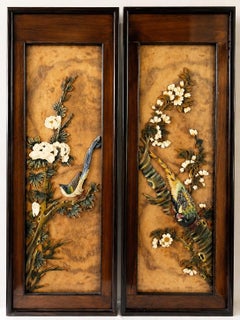 Set of Four Carved Blossoms and Birds Chinese Hardwood Veneer Panels