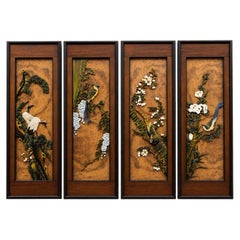 Set of Four Carved Blossoms and Birds Chinese Hardwood Veneer Panels
