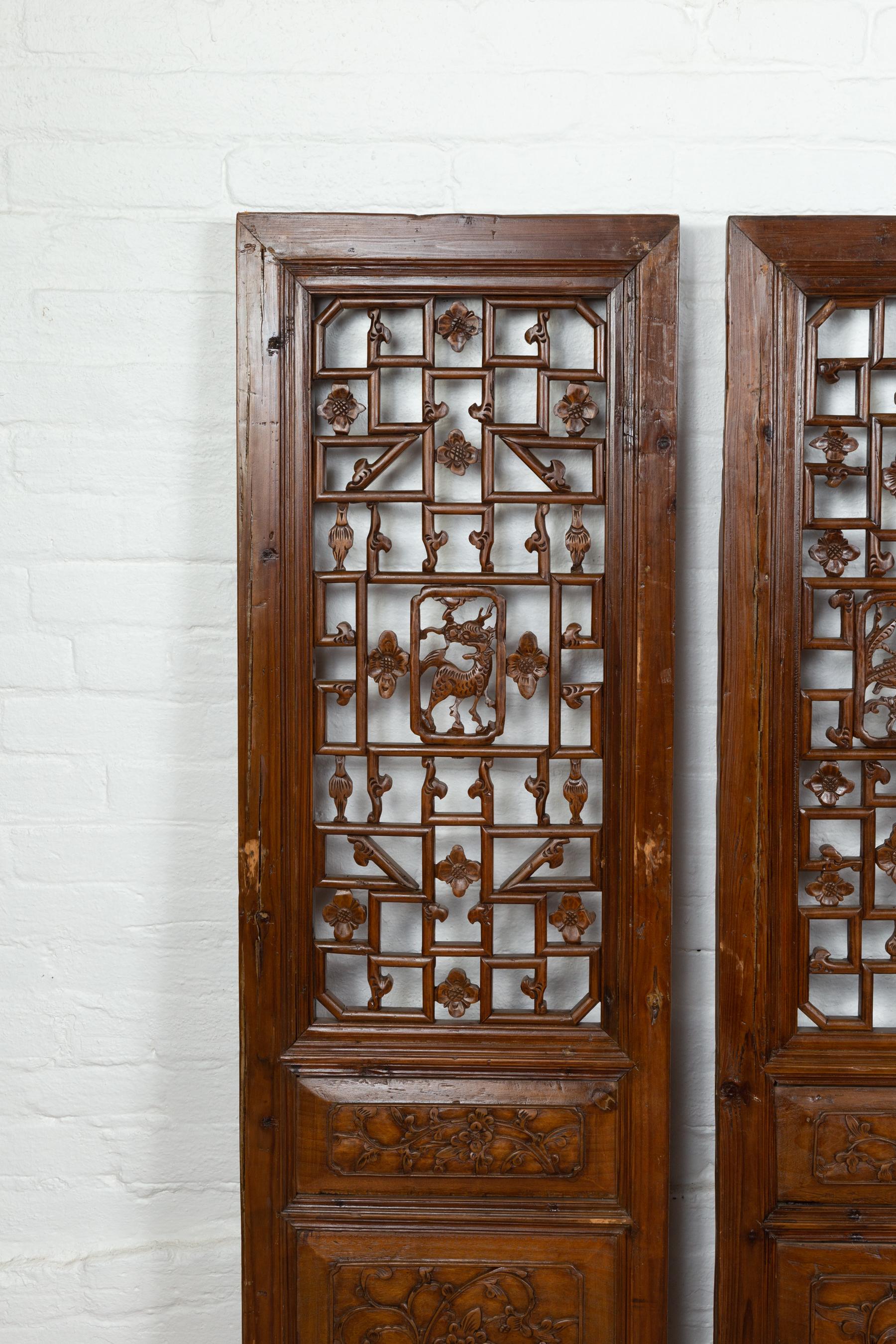 Set of Four Carved Elm Screen Panels with Fretwork, Foliage and Floral Motifs For Sale 2