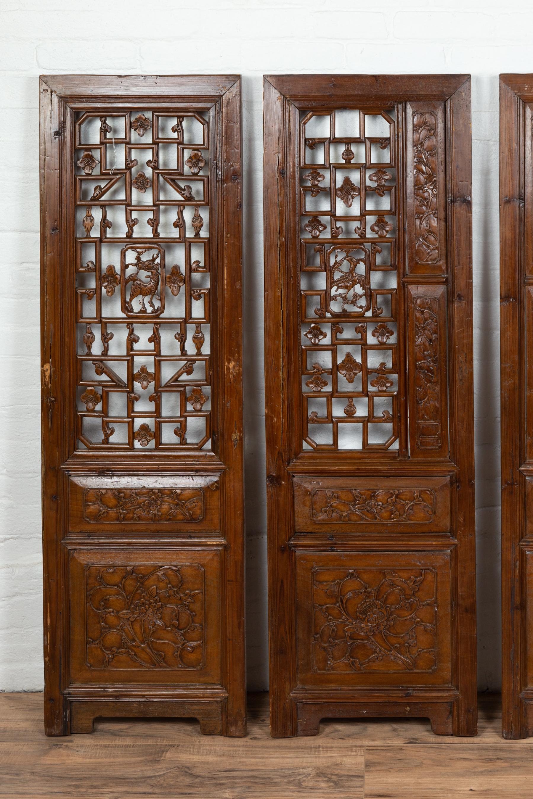 Set of Four Carved Elm Screen Panels with Fretwork, Foliage and Floral Motifs For Sale 3