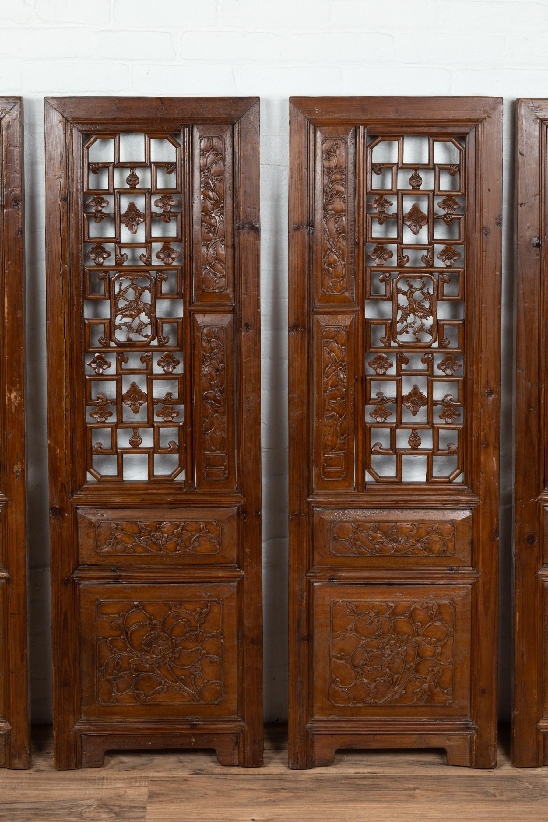 Set of Four Carved Elm Screen Panels with Fretwork, Foliage and Floral Motifs For Sale 4