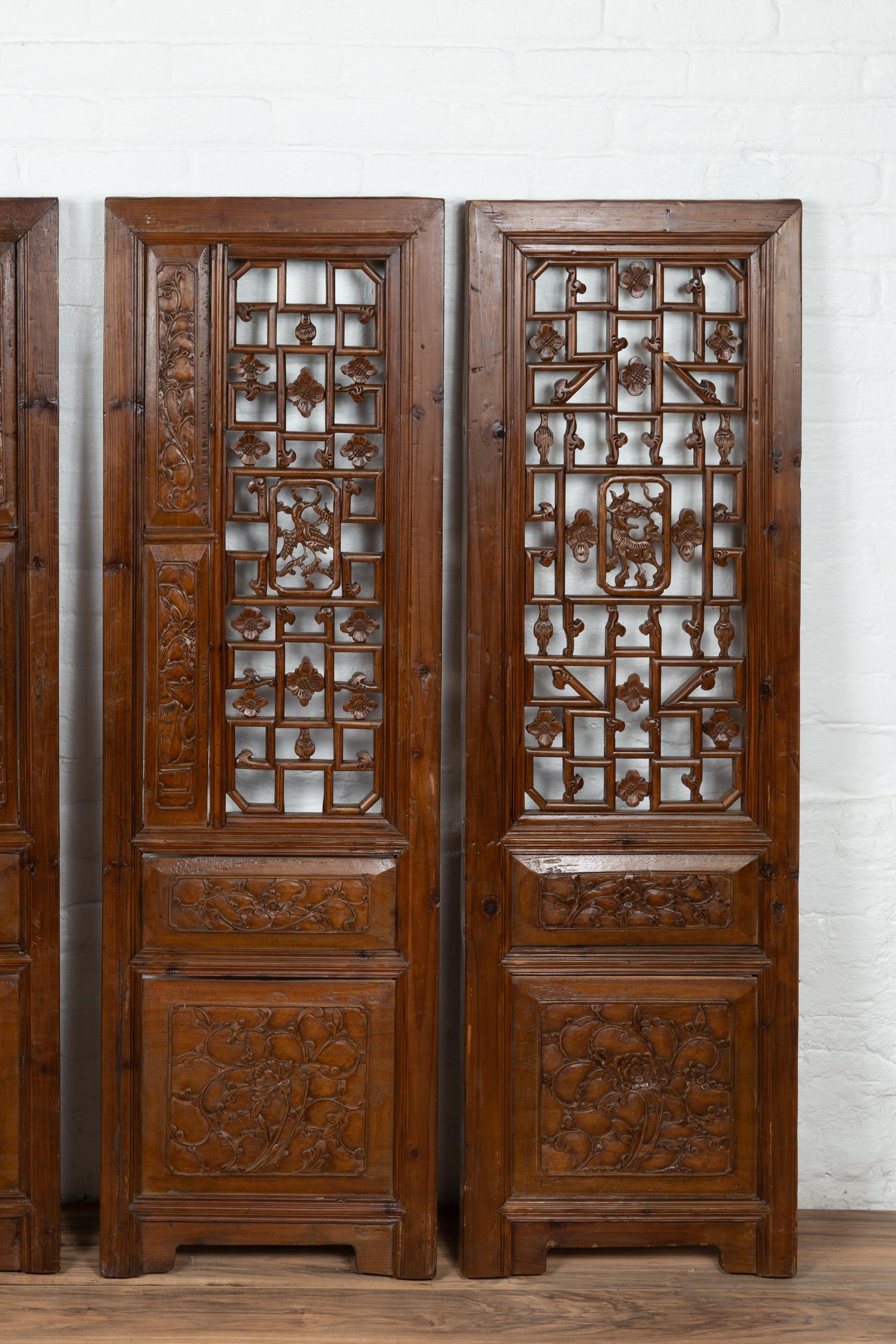 Set of Four Carved Elm Screen Panels with Fretwork, Foliage and Floral Motifs For Sale 5