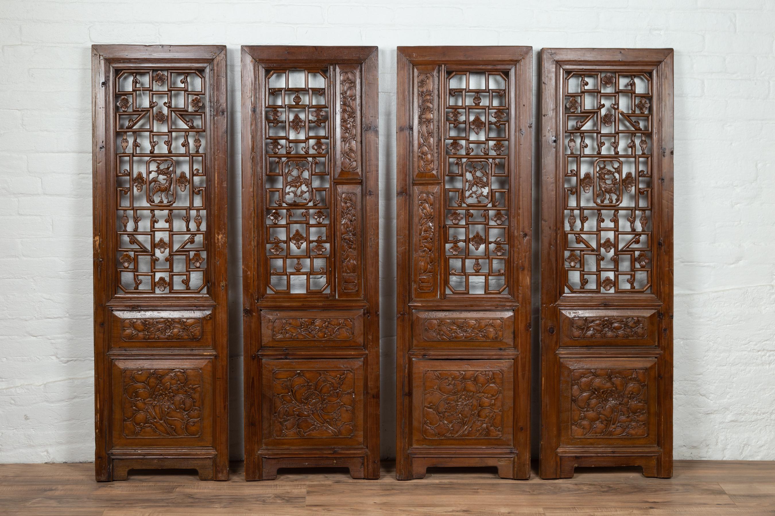 Set of Four Carved Elm Screen Panels with Fretwork, Foliage and Floral Motifs For Sale 6