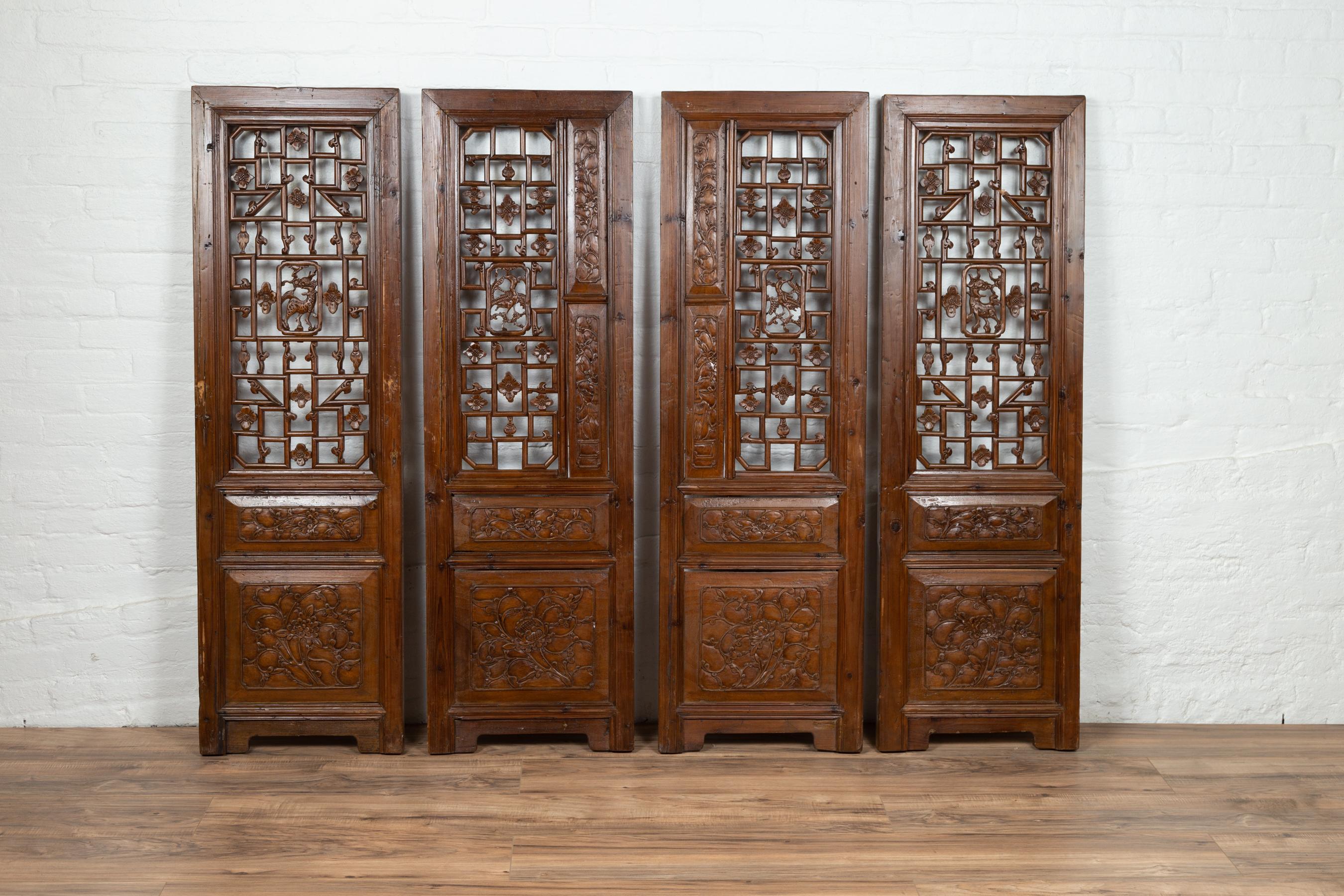 Set of Four Carved Elm Screen Panels with Fretwork, Foliage and Floral Motifs For Sale 7