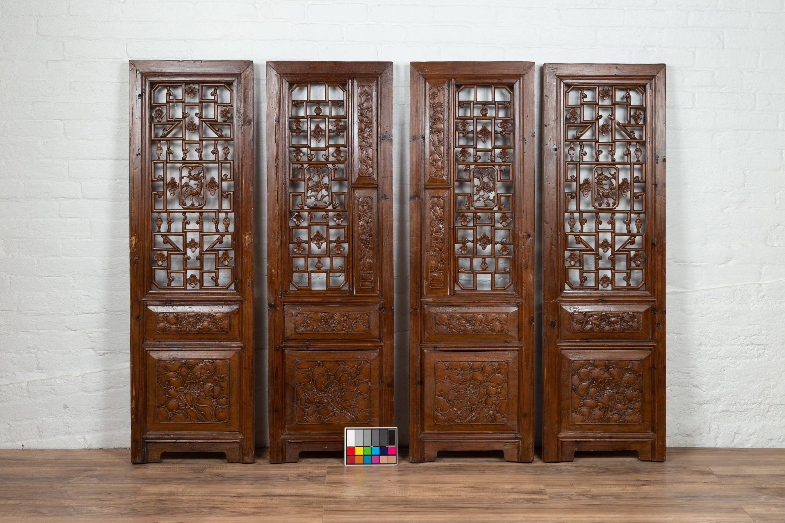 Set of Four Carved Elm Screen Panels with Fretwork, Foliage and Floral Motifs For Sale 8