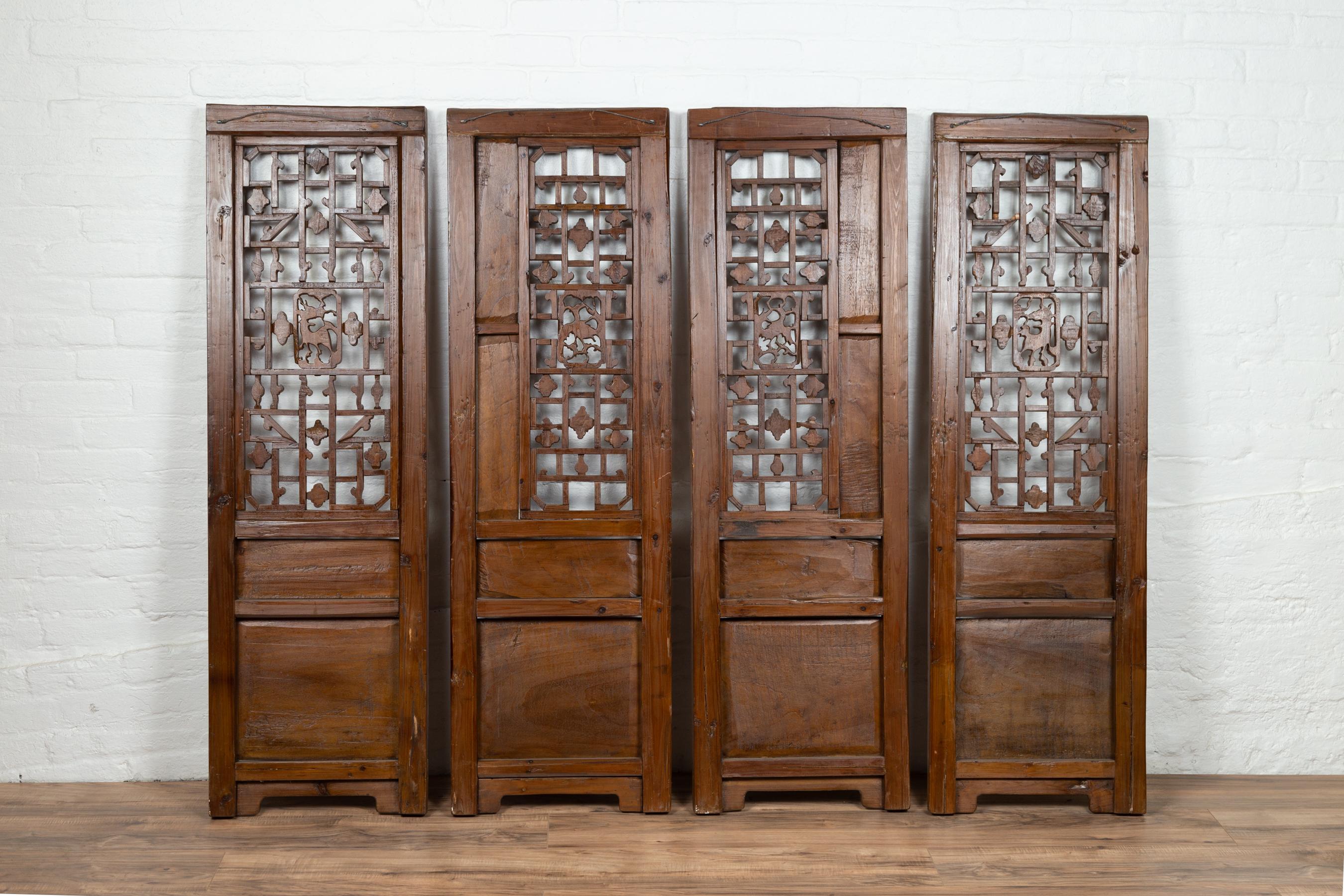 Set of Four Carved Elm Screen Panels with Fretwork, Foliage and Floral Motifs For Sale 9