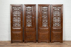 Set of Four Carved Elm Screen Panels with Fretwork, Foliage and Floral Motifs